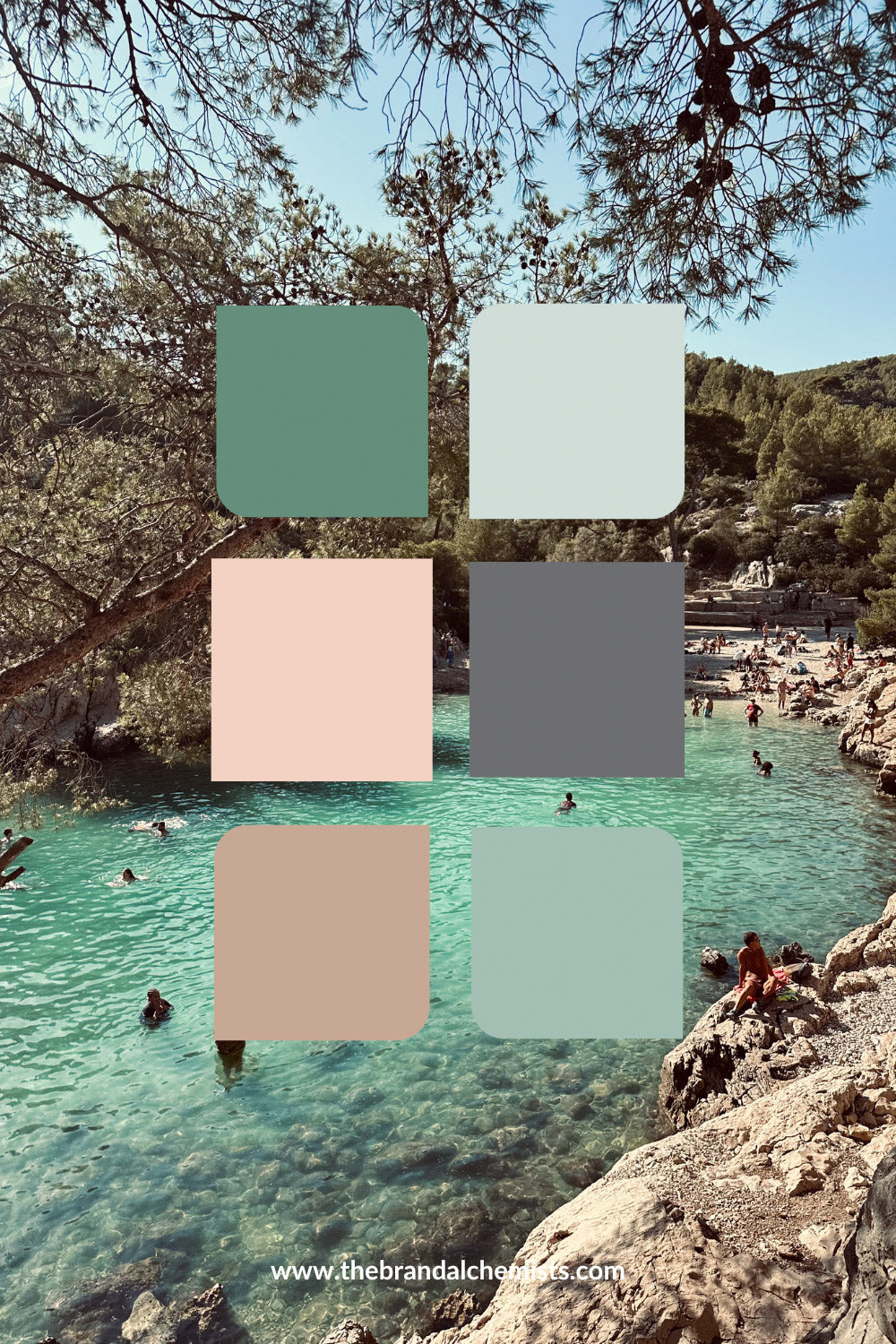 Mellow Greens color palette applied to a serene Mediterranean swimming hole scene, capturing natural tones of sea green, blush, and sun-warmed stone.