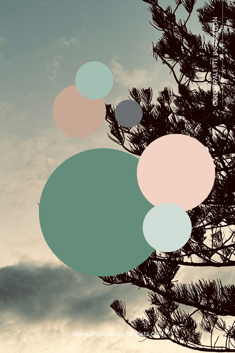 Mellow Greens palette visualised over a moody forest sunset with silhouetted pine trees, blending natural tones with twilight ambiance.