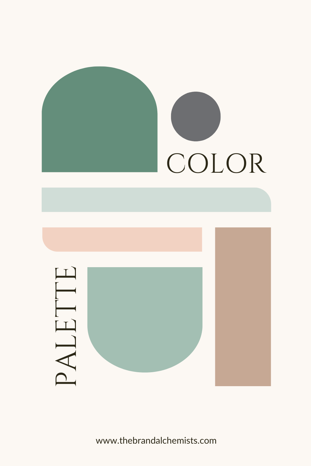 Mellow Greens palette used in an editorial-style color block layout combining soft green, blush, taupe, and muted grey tones.