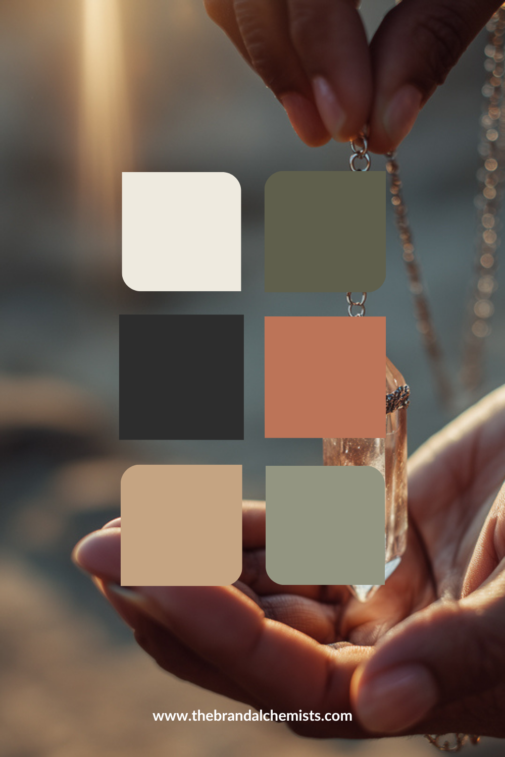 A color palette graphic with six rounded square color swatches (peach, lavender, plum, cream, pale lavender, and dark brown) overlaid on a moody, atmospheric background of an open book, gold-toned jewelry, and dried flowers. The URL 'www.