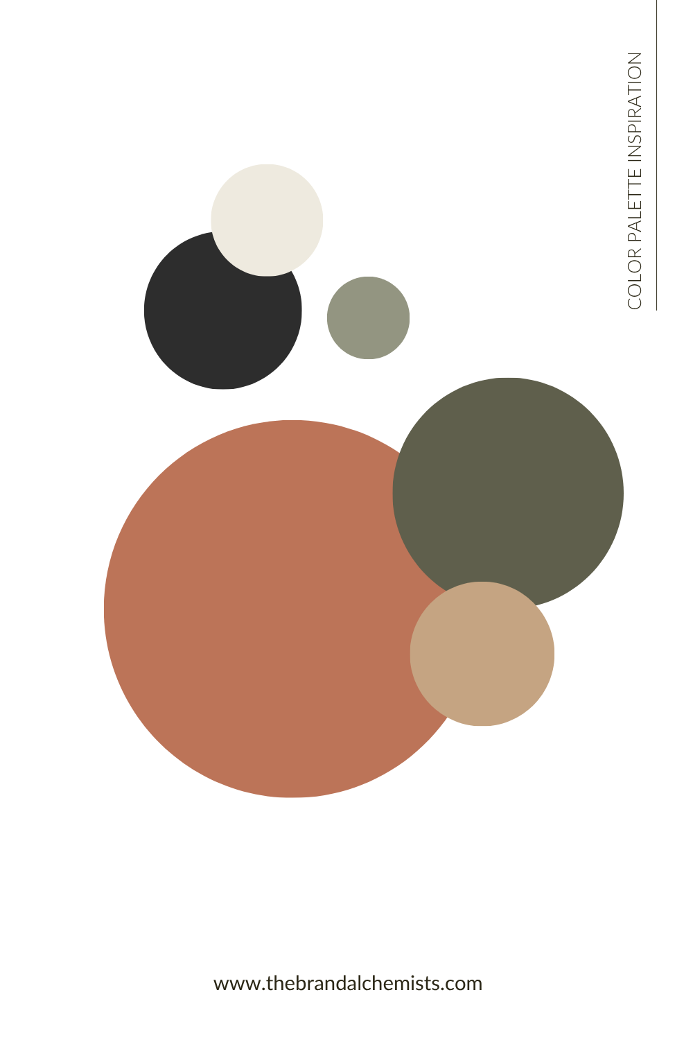 A minimalist color palette graphic with overlapping circles in terracotta, olive green, black, sage green, cream, and tan on a white background. Vertical text reads 'COLOR PALETTE INSPIRATION' and the website 'www.