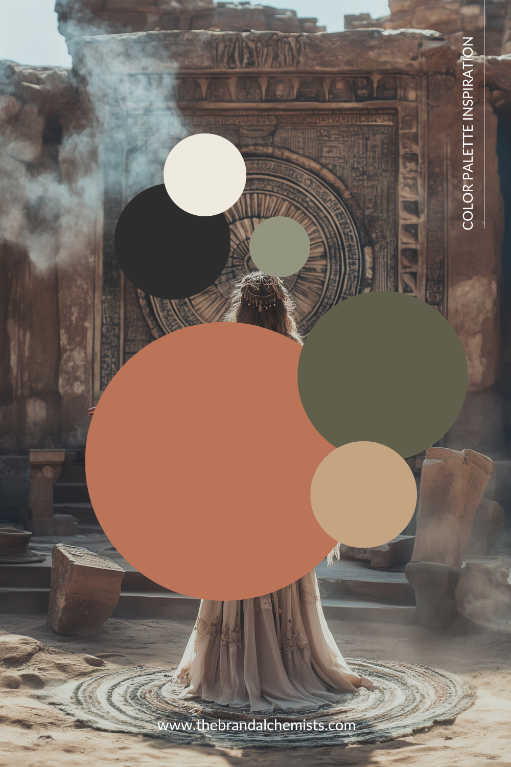 A stylized digital artwork showing a woman in a flowing beige dress standing in front of ancient stone ruins with a circular doorway behind her. Large overlapping color circles cover the center of the scene, and vertical text reads 'COLOR PALETTE INSPIRATION' with a website at the bottom.