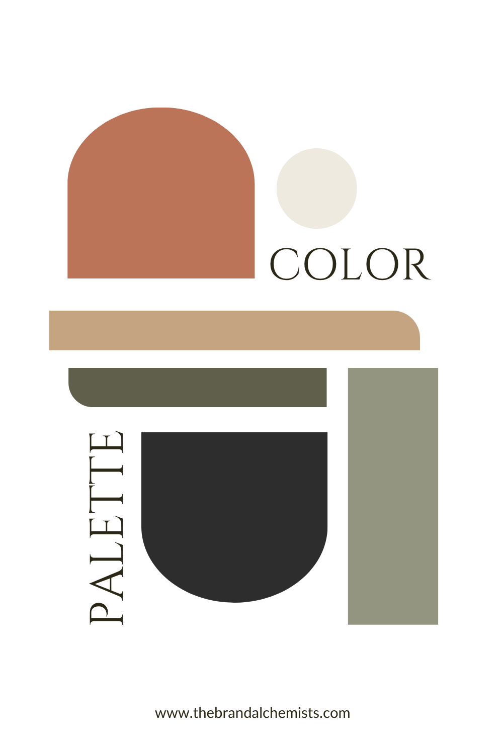 A minimalist color palette graphic with abstract geometric color blocks in terracotta, cream, tan, olive green, charcoal, and sage green, with the words 'COLOR PALETTE' and a website URL at the bottom.