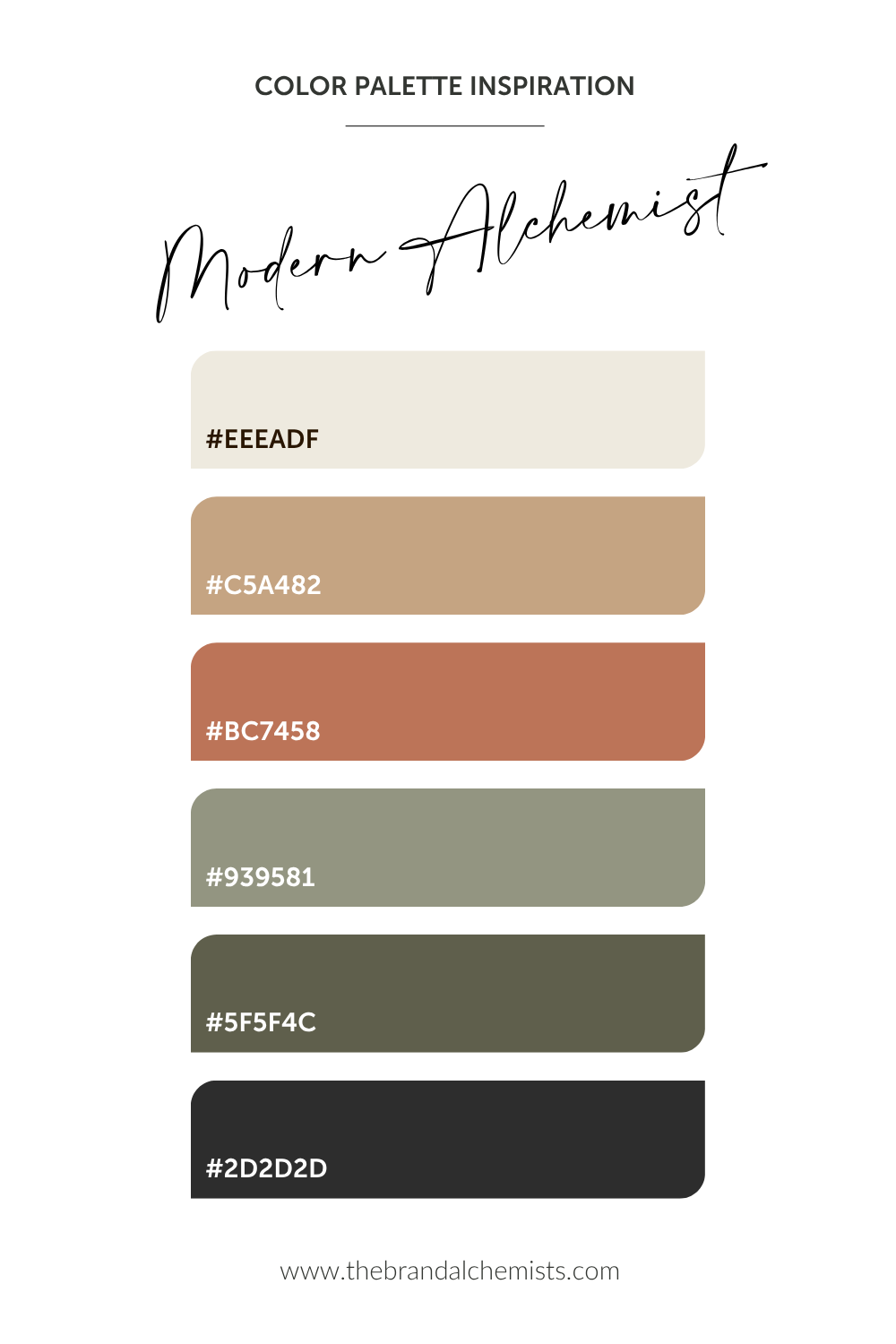 A color palette card titled 'Modern Alchemist' with six horizontal color swatches labeled by hex codes: #EEEADF, #C5A482, #BC7458, #939581, #555F4C, and #2D2D2D, on a white background with the text 'COLOR PALETTE INSPIRATION' and 'www.thebrandalchemists.