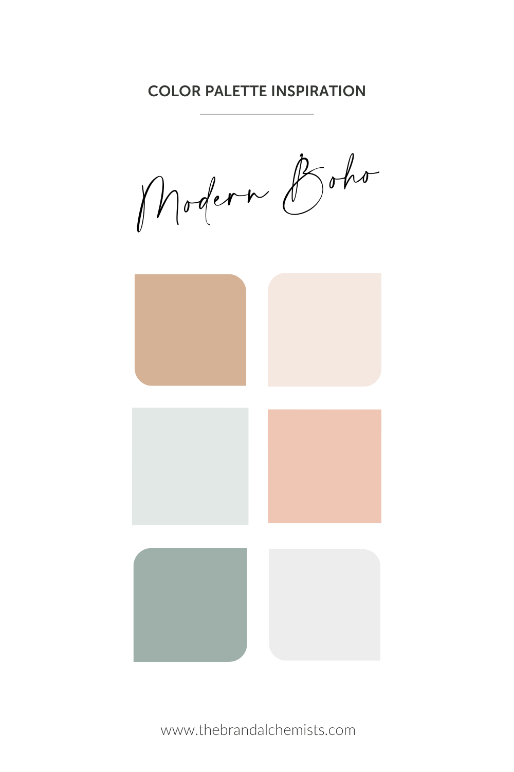 Modern Boho color palette featuring muted sand beige, soft ivory, pale sage green, warm peach, dusty eucalyptus, and light stone grey for a calm, grounded, and minimal bohemian aesthetic.