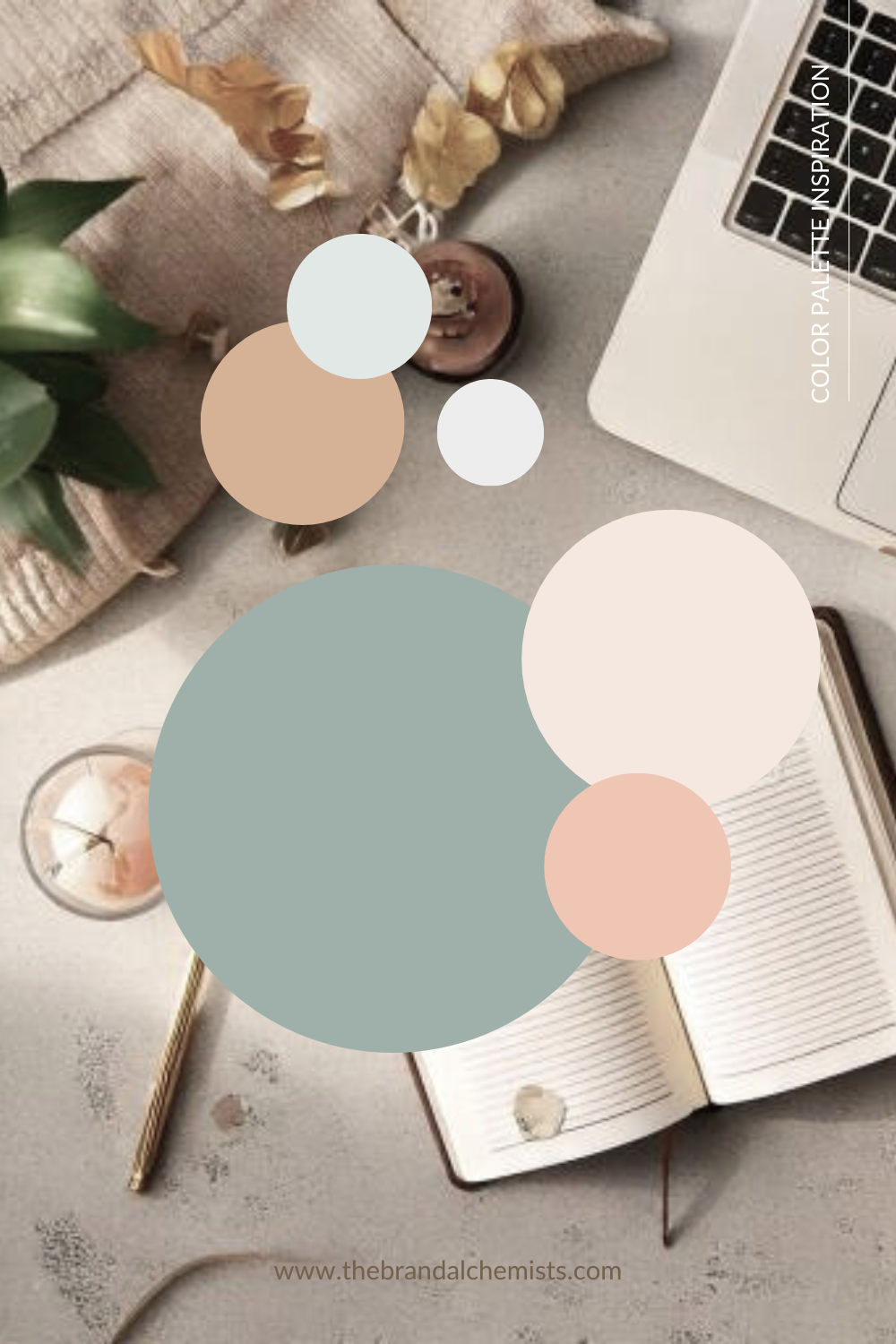 Modern Boho color palette layered over a cozy flatlay with linen textures, open journal, dried florals, and a laptop, capturing a soft, creative, and grounded workspace vibe.