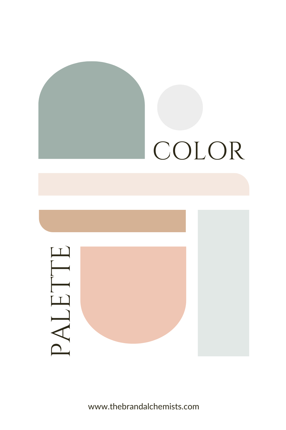 Modern Boho color palette arranged in an abstract editorial-style composition featuring warm clay, soft peach, ivory, eucalyptus, and sage green blocks.