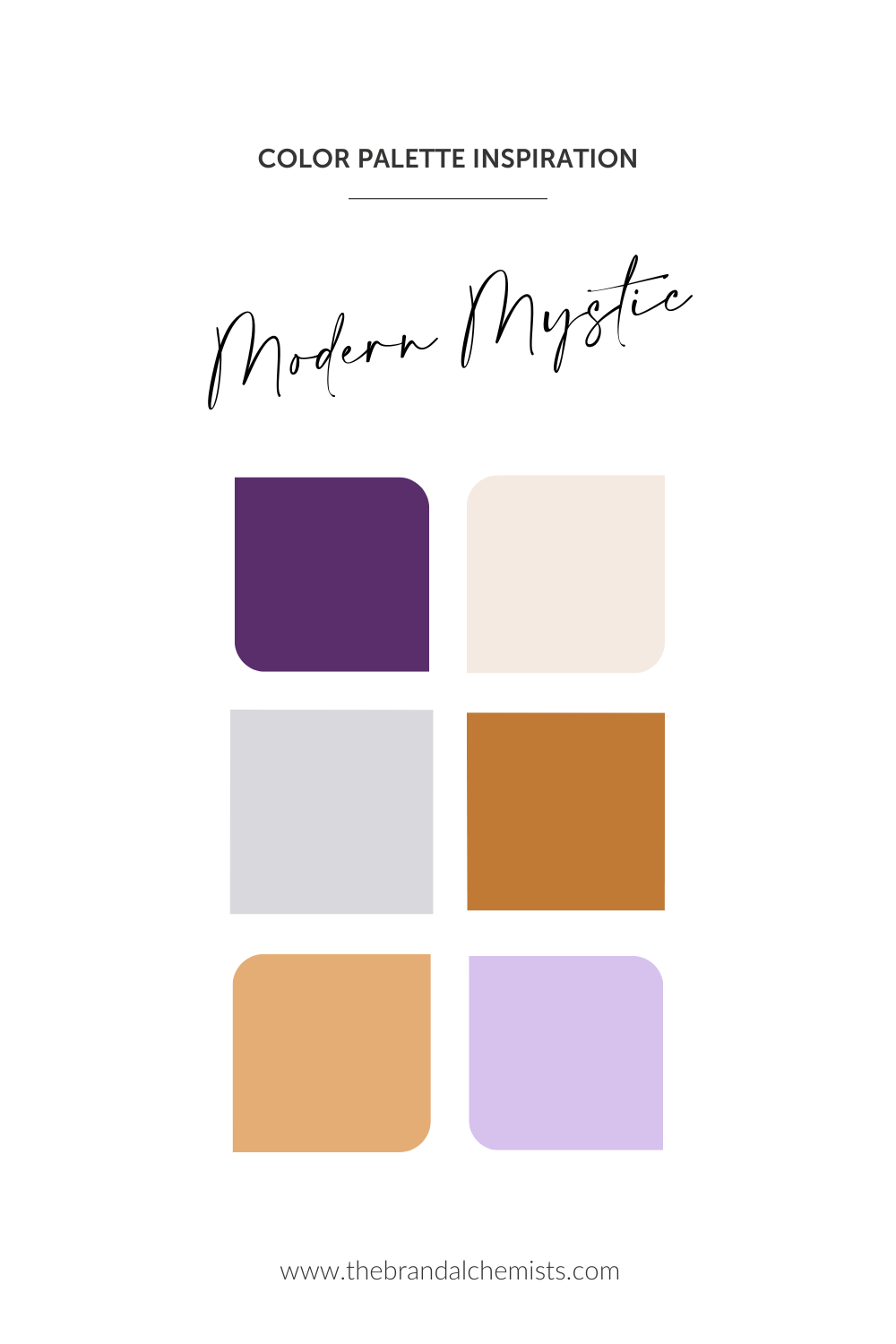 Modern Mystic color palette featuring deep violet, soft cream, dove grey, amber gold, lilac lavender, and warm apricot for intuitive, modern, and magical branding.