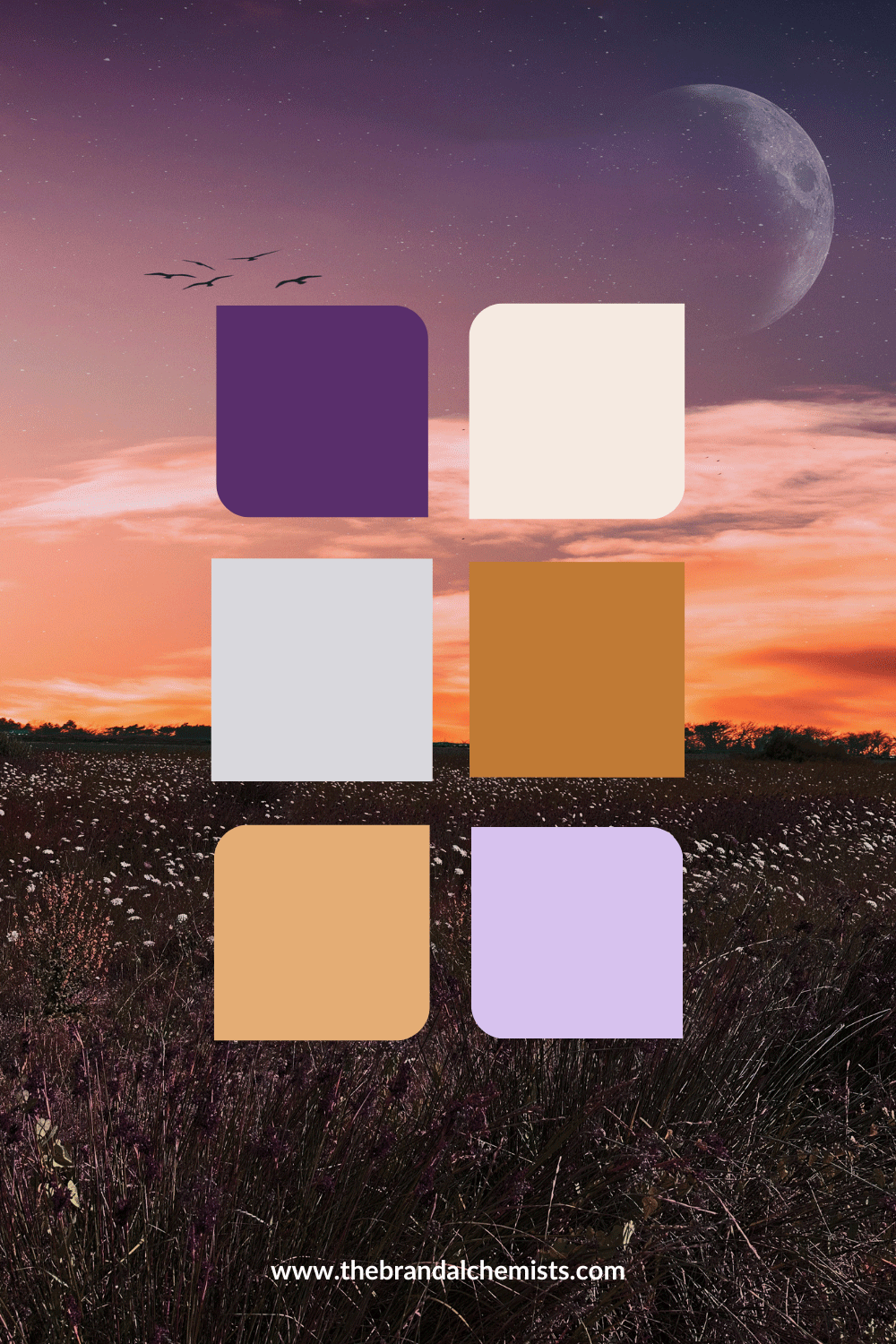 Color palette swatches of violet, cream, grey, gold, apricot, and lavender over a dreamy sunset field and moonlit sky, evoking mystical, feminine energy.