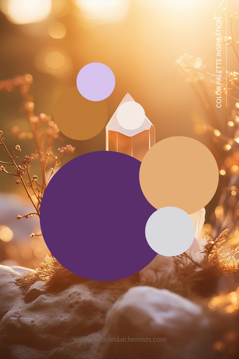 Modern Mystic color palette overlaid on a golden hour crystal scene with light rays, showcasing hues of violet, apricot, lavender, gold, cream, and grey.