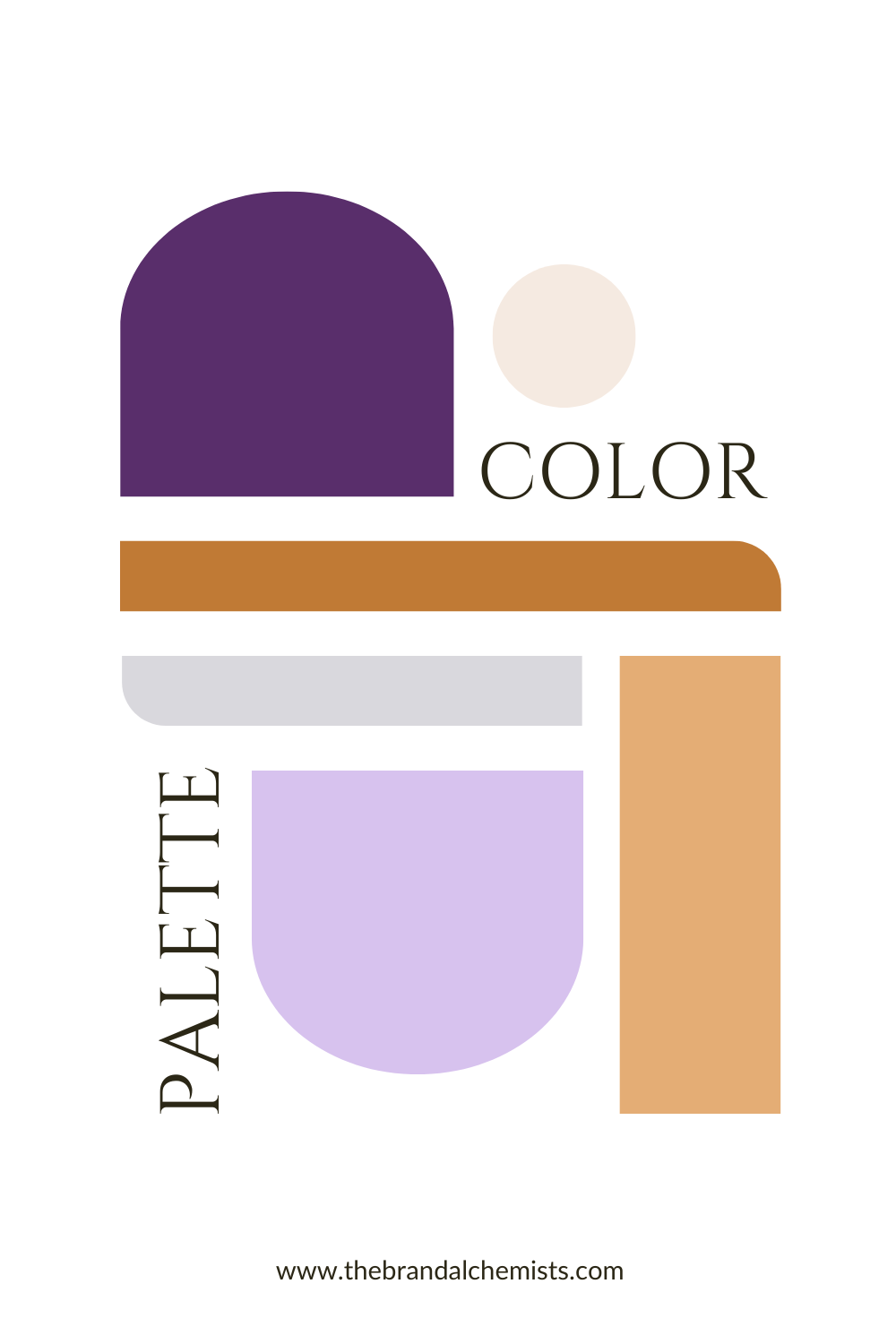 Editorial-style color palette layout featuring Modern Mystic tones: deep violet, peach apricot, gold, lavender, soft cream, and pale grey.
