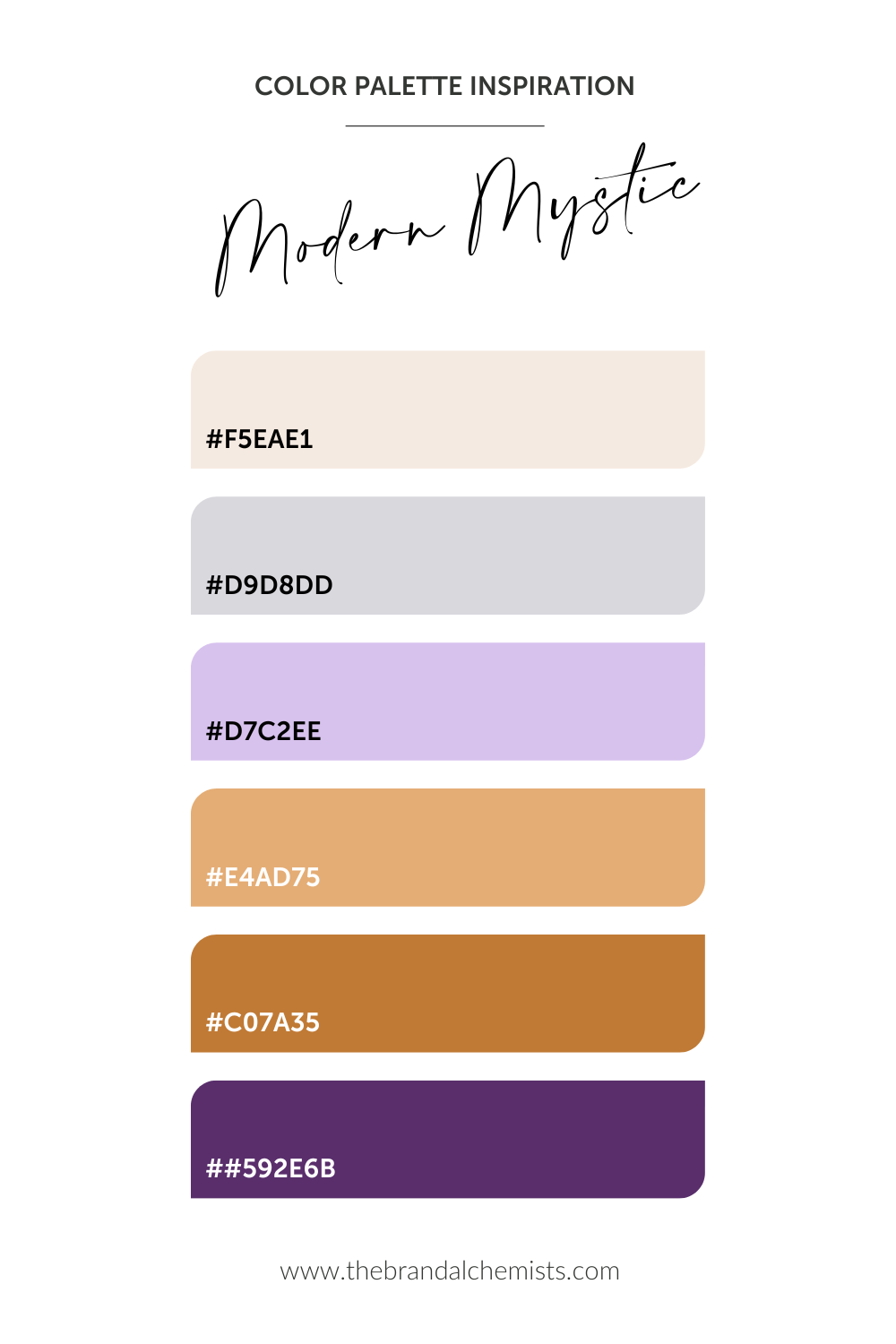 Hex code reference for the Modern Mystic color palette with six brand-ready swatches: #F5EAE1, #D9D8DD, #D7C2EE, #E4AD75, #C07A35, #592E6B.