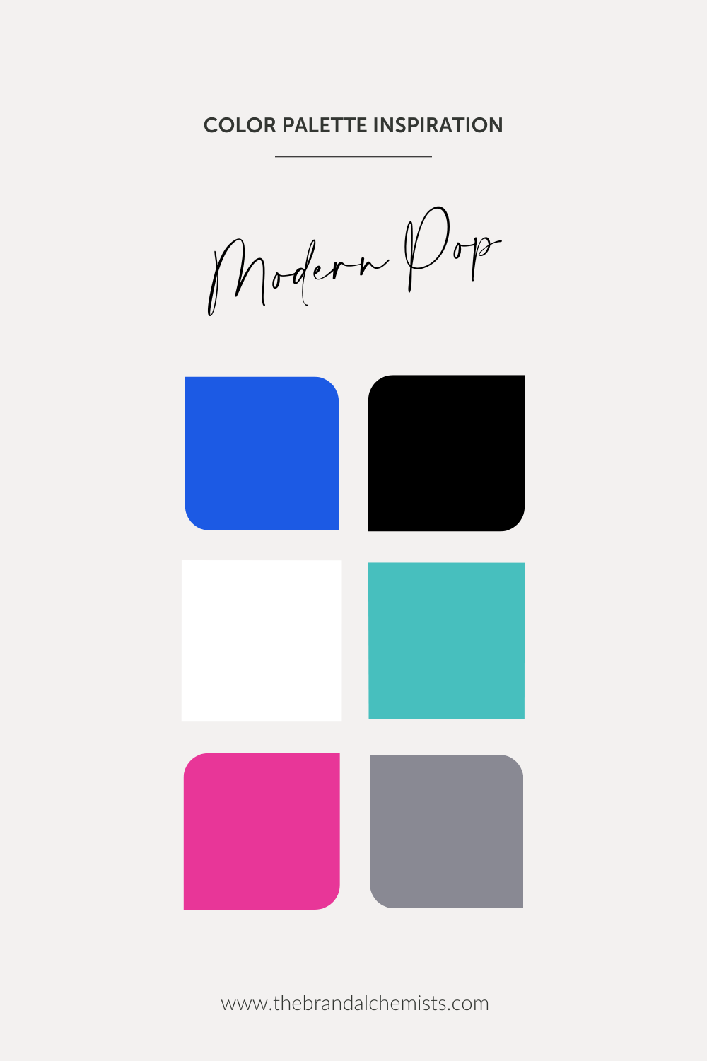 Modern Pop color palette featuring vibrant royal blue, pure black, crisp white, turquoise teal, hot pink, and cool grey for bold, edgy, and fashion-forward branding.