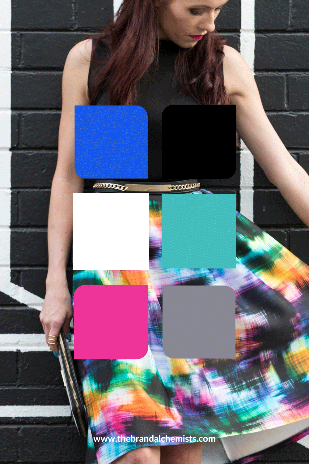 Color palette overlay on a fashion-forward editorial photo featuring a model in a multicolored skirt, combining royal blue, black, white, teal, hot pink, and grey tones for a bold modern aesthetic.