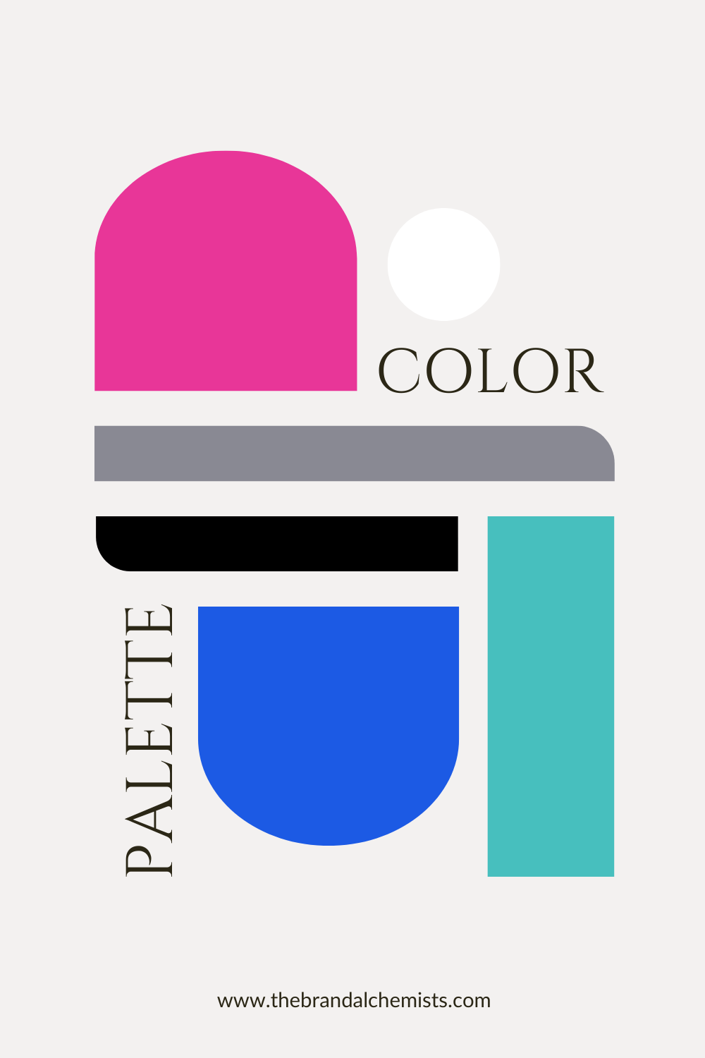 Graphic layout design showcasing the Modern Pop color palette with abstract blocks and rounded shapes in electric blue, hot pink, teal, white, grey, and black for a bold visual identity.