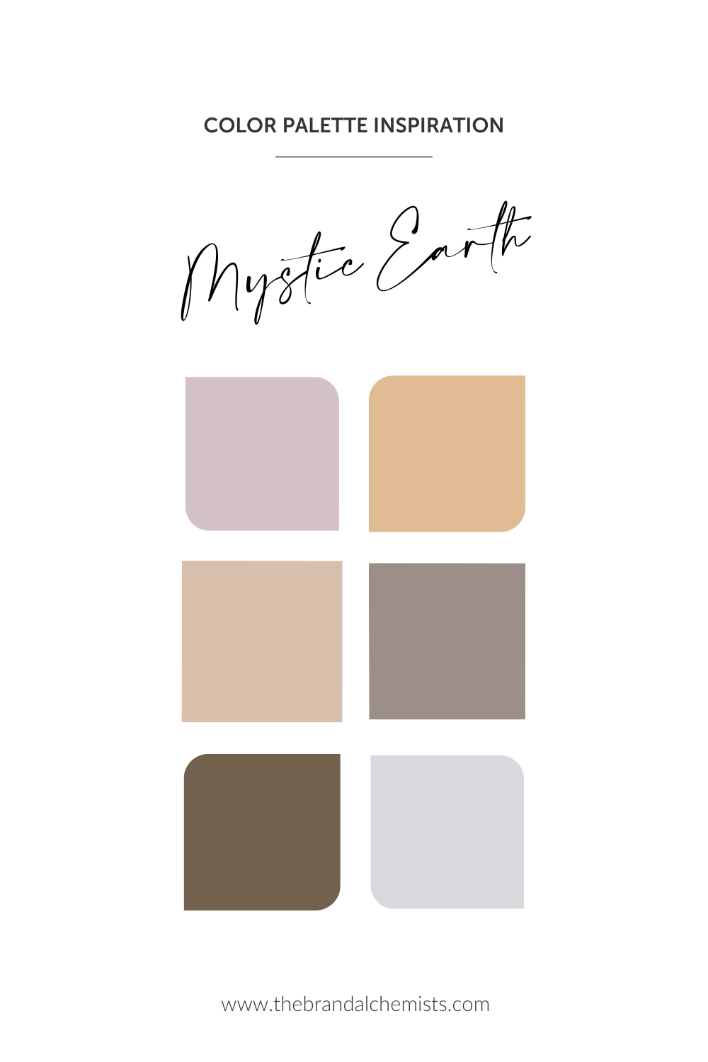 Mystic Earth color palette featuring soft lavender, warm sandstone beige, muted clay, earthy taupe, rich soil brown, and pale mineral grey for grounding, soulful, and nature-inspired branding.