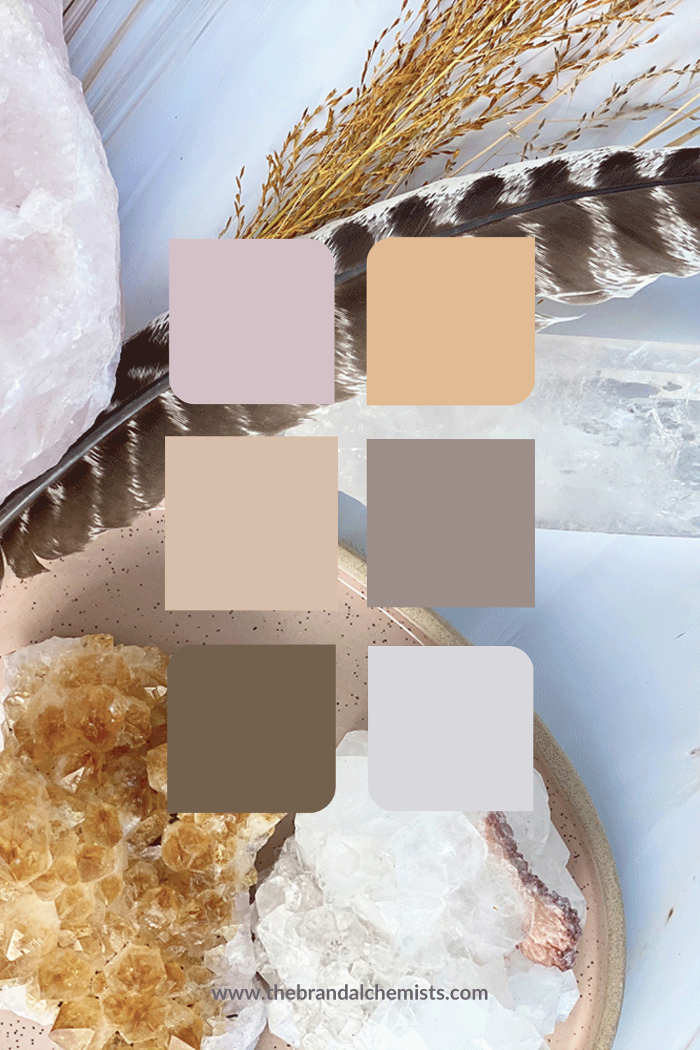 Mystic Earth color palette overlaid on a flatlay with feathers, crystals, and soft-toned ceramics, showcasing earthy tones perfect for spiritual, holistic, and nature-rooted brand visuals.