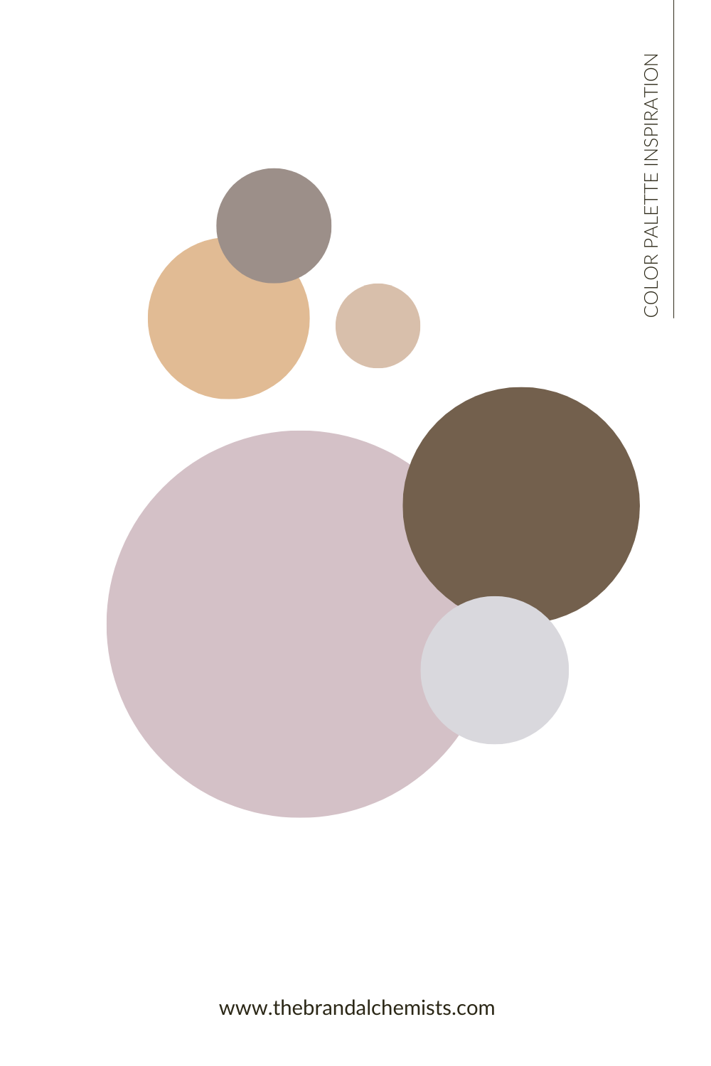 Mystic Earth color palette in overlapping circle shapes with tones of dusty lavender, clay beige, caramel, taupe, brown, and soft grey, evoking natural elegance and quiet strength.