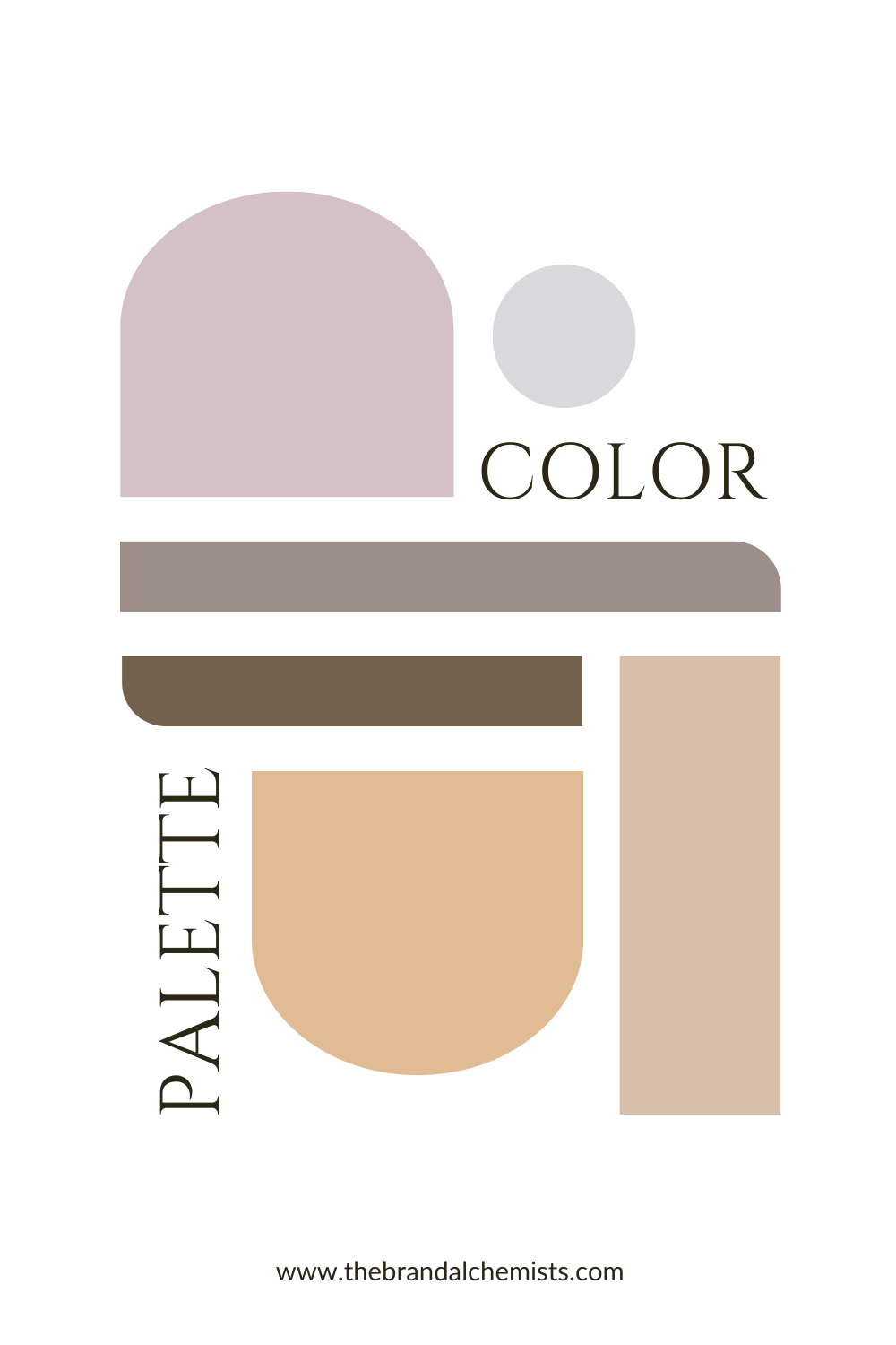 Mystic Earth palette shown in a modern graphic layout using geometric shapes to display lavender, beige, brown, taupe, and grey, ideal for minimalist, natural-inspired branding.