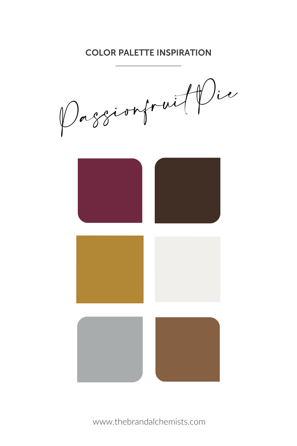 Passionfruit Pie color palette featuring rich plum, deep brown, golden mustard, soft white, cool grey, and earthy chestnut for warm, grounded, and mystical branding.