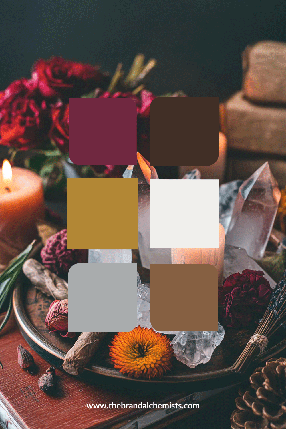 Passionfruit Pie color palette overlaid on a mystical flat lay of crystals, candles, roses, and herbs. Palette includes plum, brown, mustard, ivory, grey, and chestnut tones for an earthy, bohemian mood.