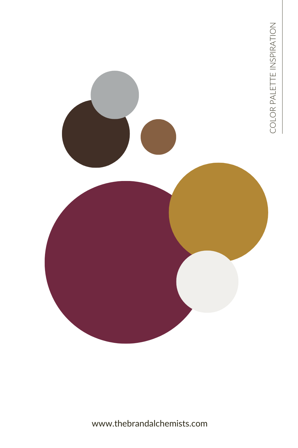 Passionfruit Pie color palette represented in circular shapes on a white background, showcasing harmonious tones of plum, dark brown, mustard gold, ivory, grey, and warm brown.