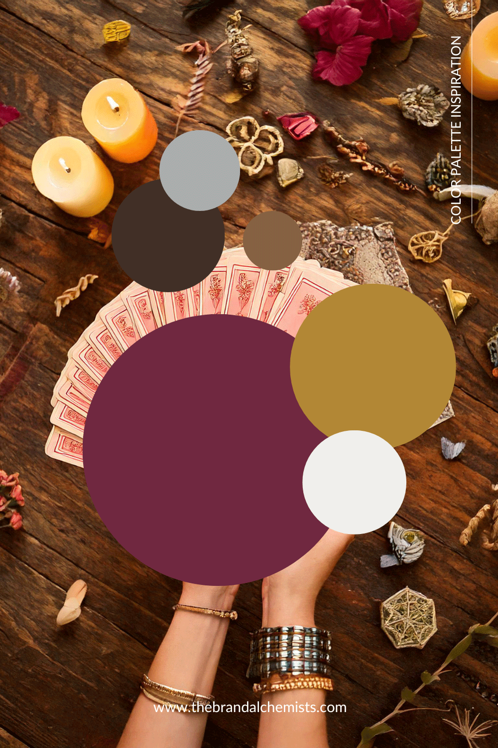 Passionfruit Pie color palette displayed in circles over a styled tarot flat lay with candles and herbs. The palette blends plum, brown, mustard, ivory, grey, and chestnut for a mystical, vintage feel.