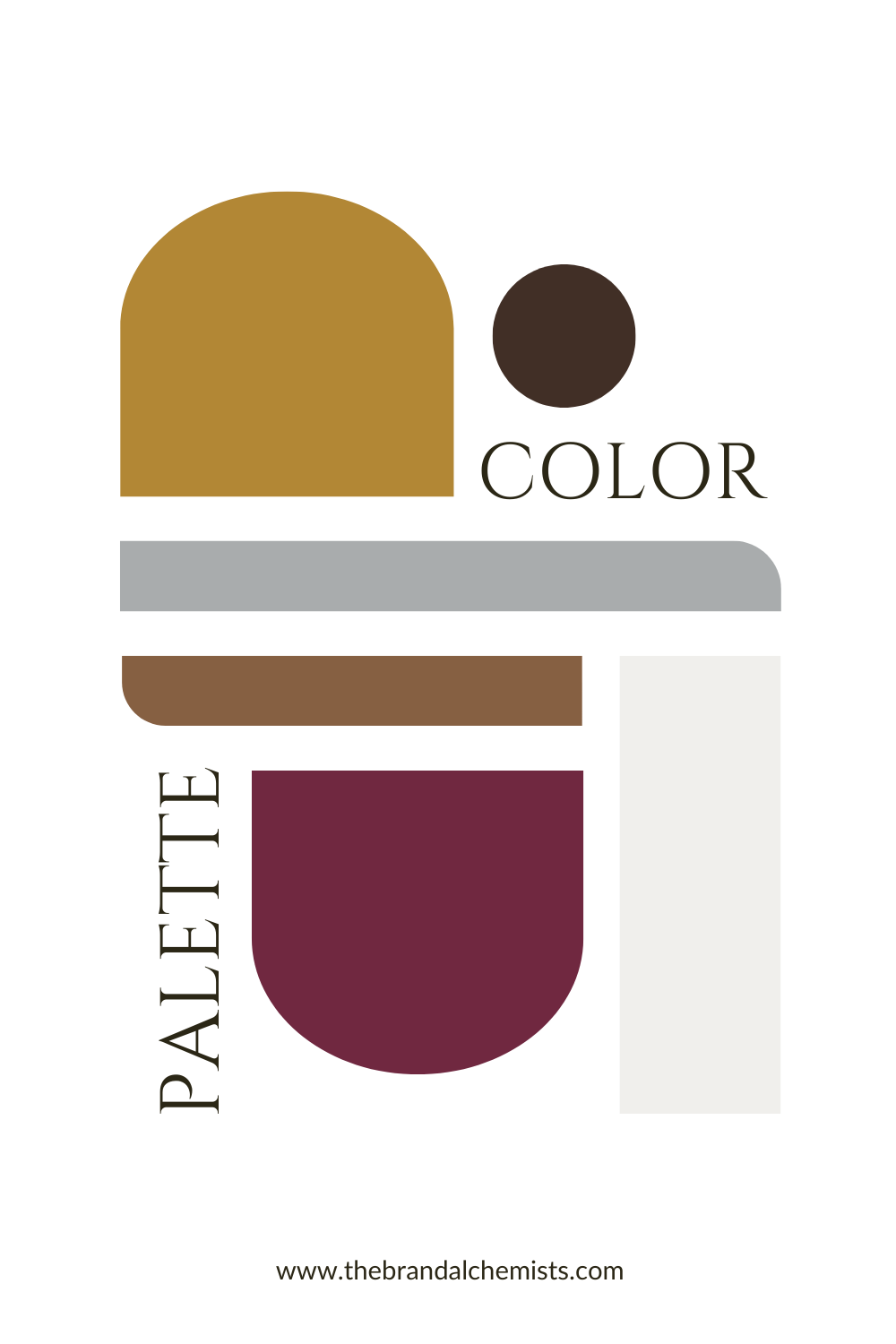 Passionfruit Pie abstract color layout with overlapping geometric shapes in plum, brown, mustard, ivory, and grey, offering a sophisticated palette for spiritual and artisanal brands.