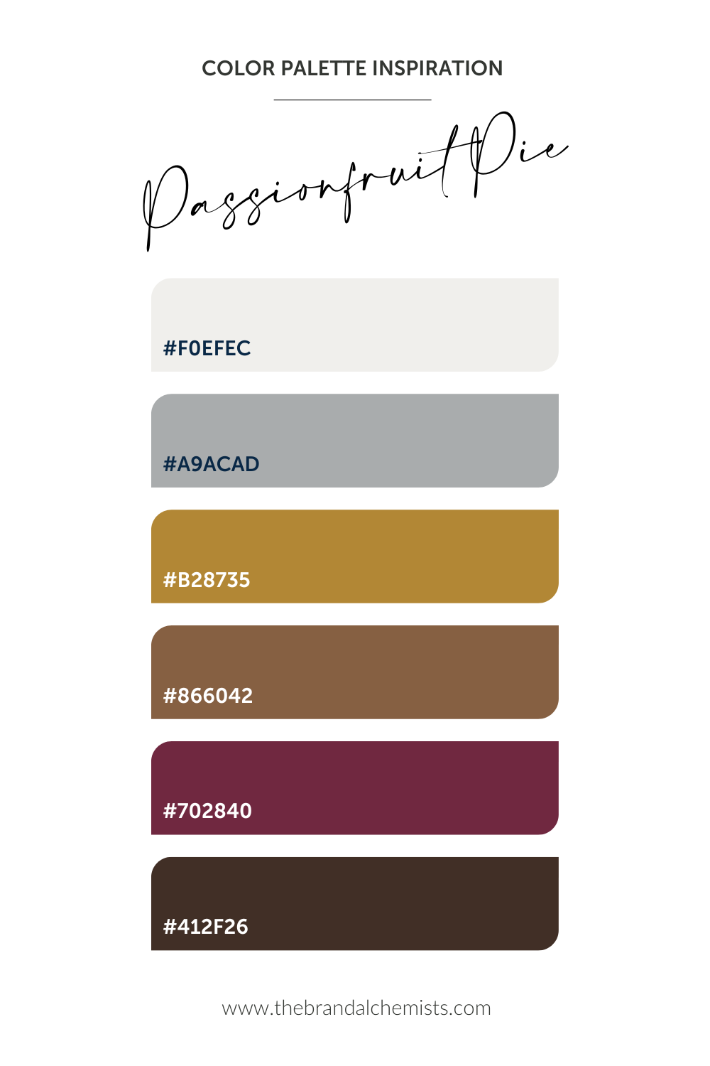 Passionfruit Pie color palette swatches with hex codes: #F0EFEC (ivory), #A9ACAD (cool grey), #B28735 (mustard), #866042 (chestnut), #702840 (plum), and #412F26 (deep brown) for rich, moody branding.