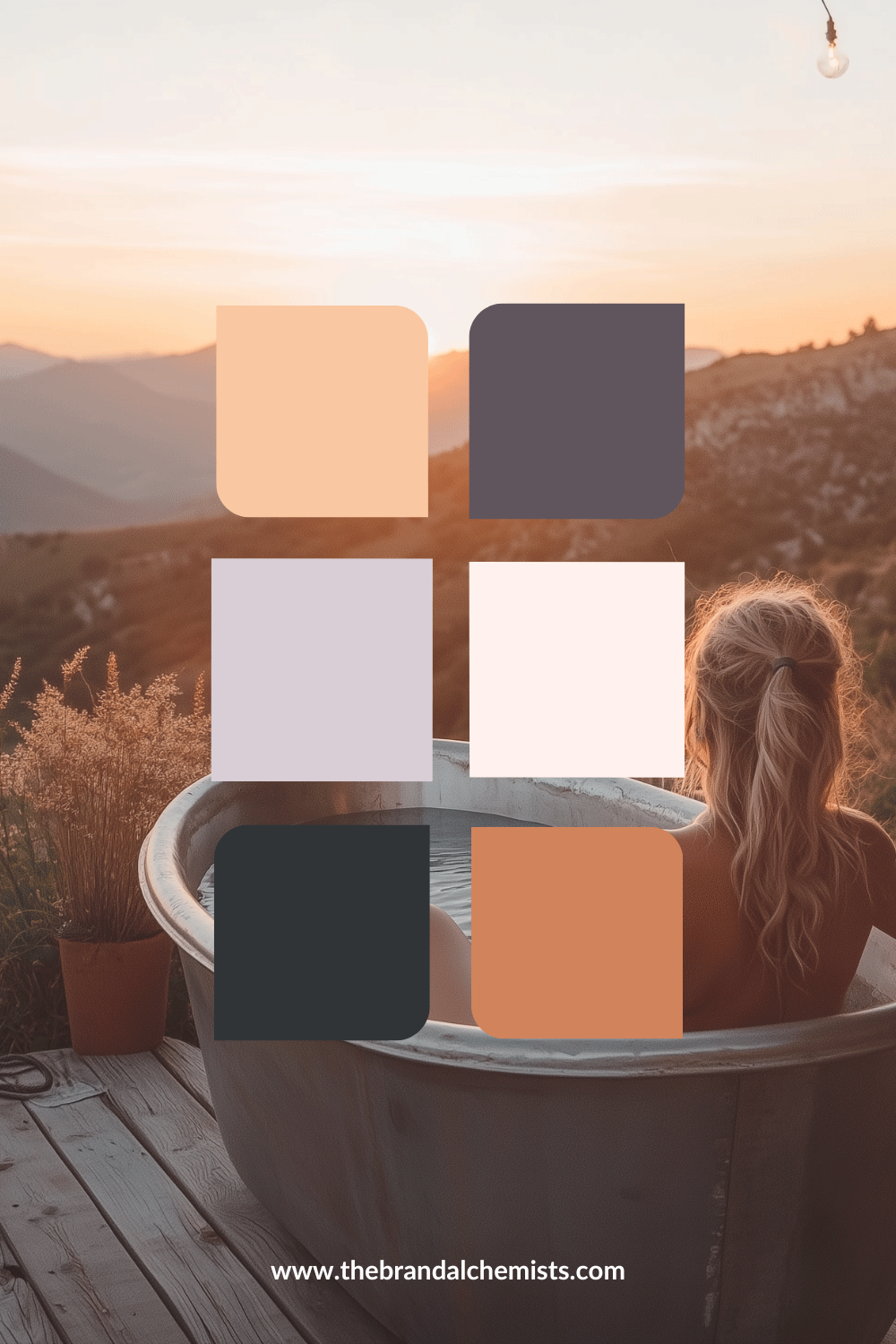Perfectly Peach color palette over a sunset mountain view with a woman in a bathtub, combining warm and cool tones like blush, deep charcoal, peach, and plum for a calming yet bold look.