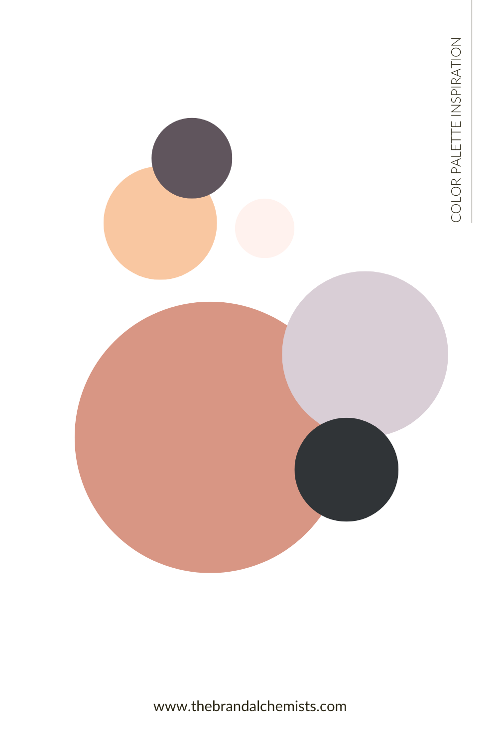 Circular representation of the Perfectly Peach palette showing soft peach, warm plum, delicate blush, dusty mauve, and rich charcoal tones for modern earthy branding.
