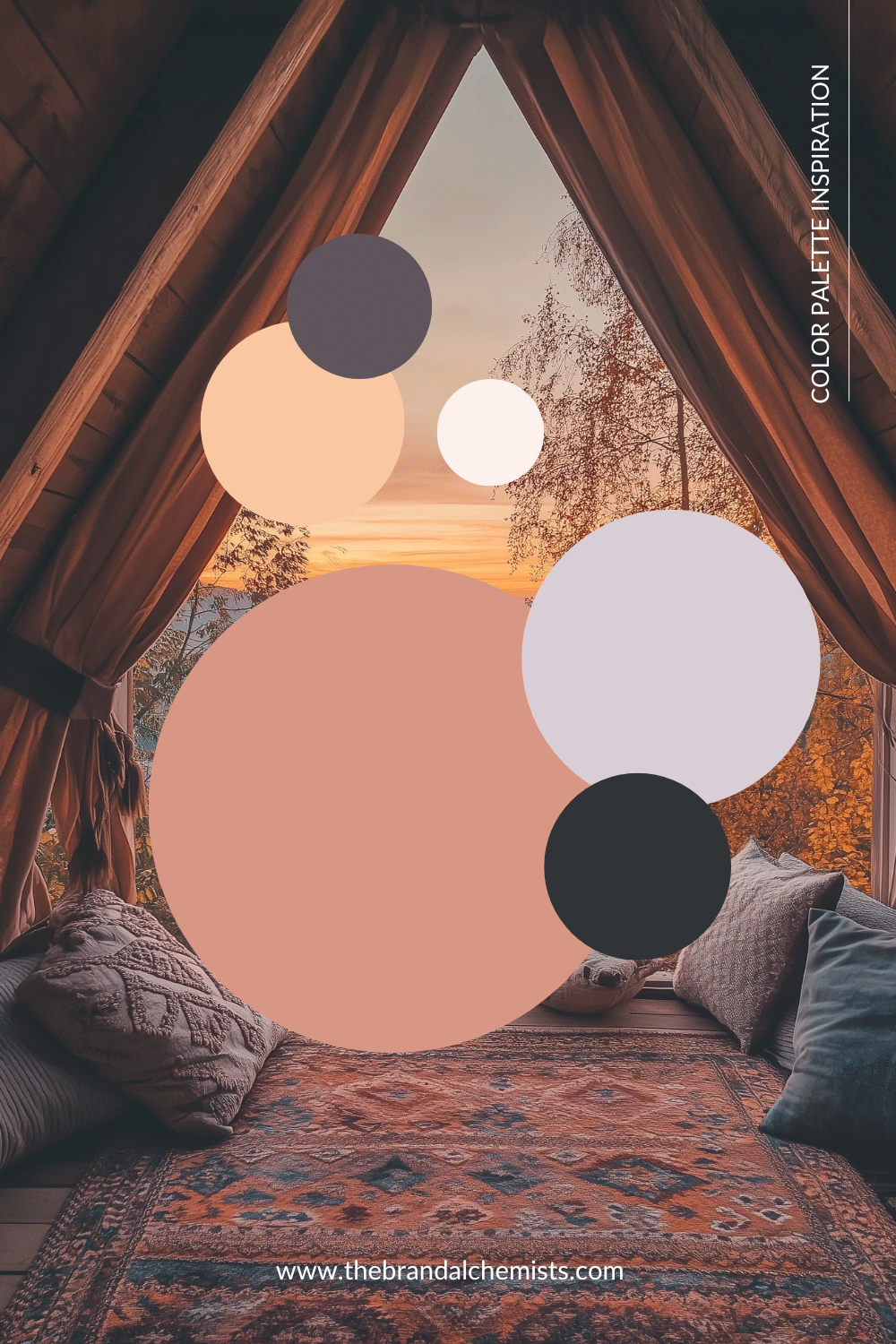 Perfectly Peach color palette overlaid on a cozy cabin interior at sunset, highlighting warm sunset hues and moody contrast for a boho-inspired, feminine vibe.