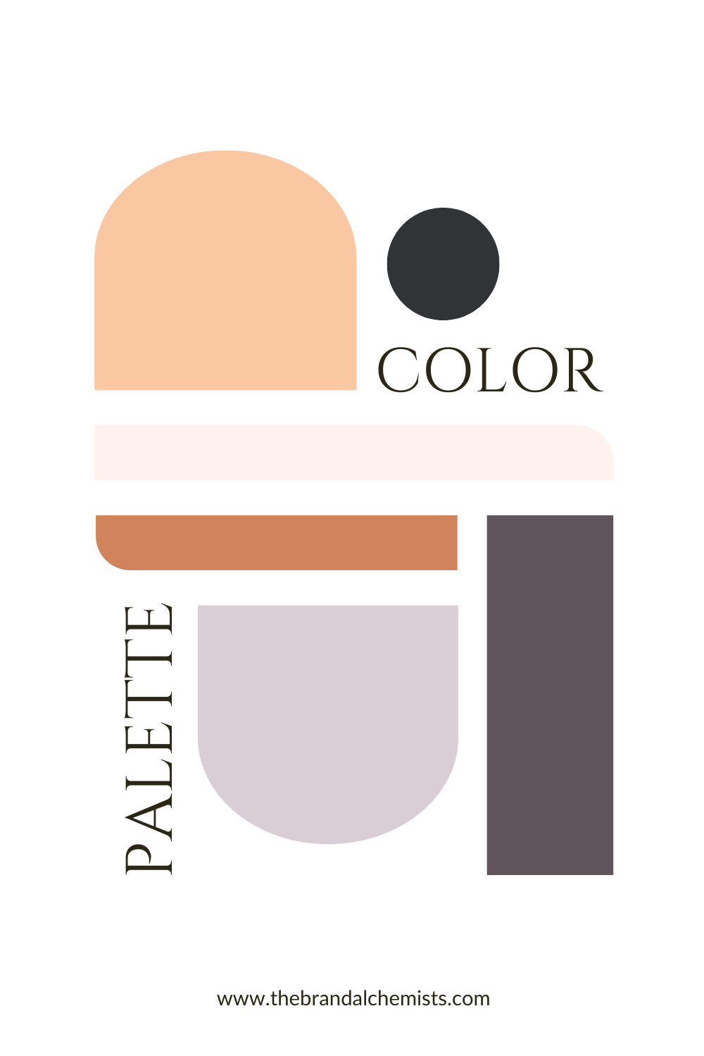 Perfectly Peach palette presented in abstract graphic shapes with peach, cream, plum, dusty lavender, and charcoal shades for an editorial brand mood.