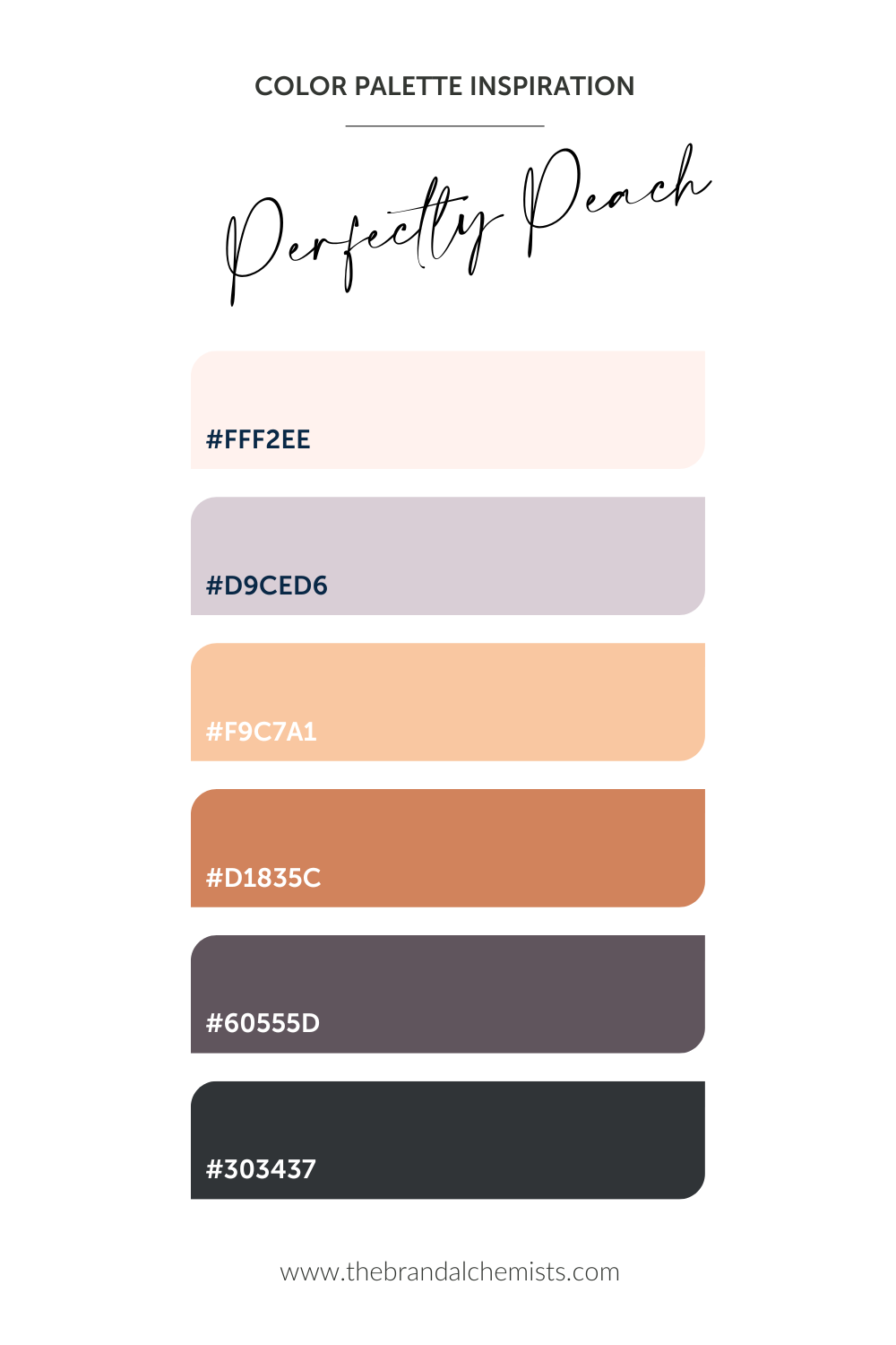 Hex codes for Perfectly Peach palette: #FFF2EE (blush), #D9CED6 (mauve), #F9C7A1 (peach), #D1835C (burnt terracotta), #60555D (plum), and #303437 (charcoal).