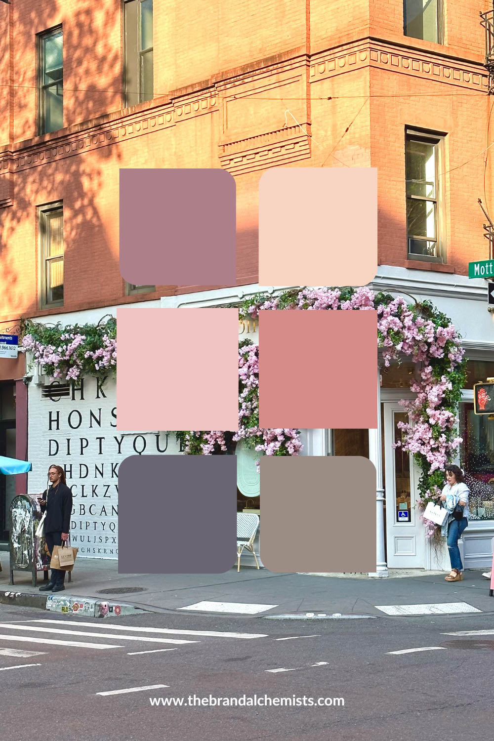 Color palette overlay on a romantic street scene with pink floral installations and brick buildings, showcasing the muted pink and plum tones of Salty Pink.