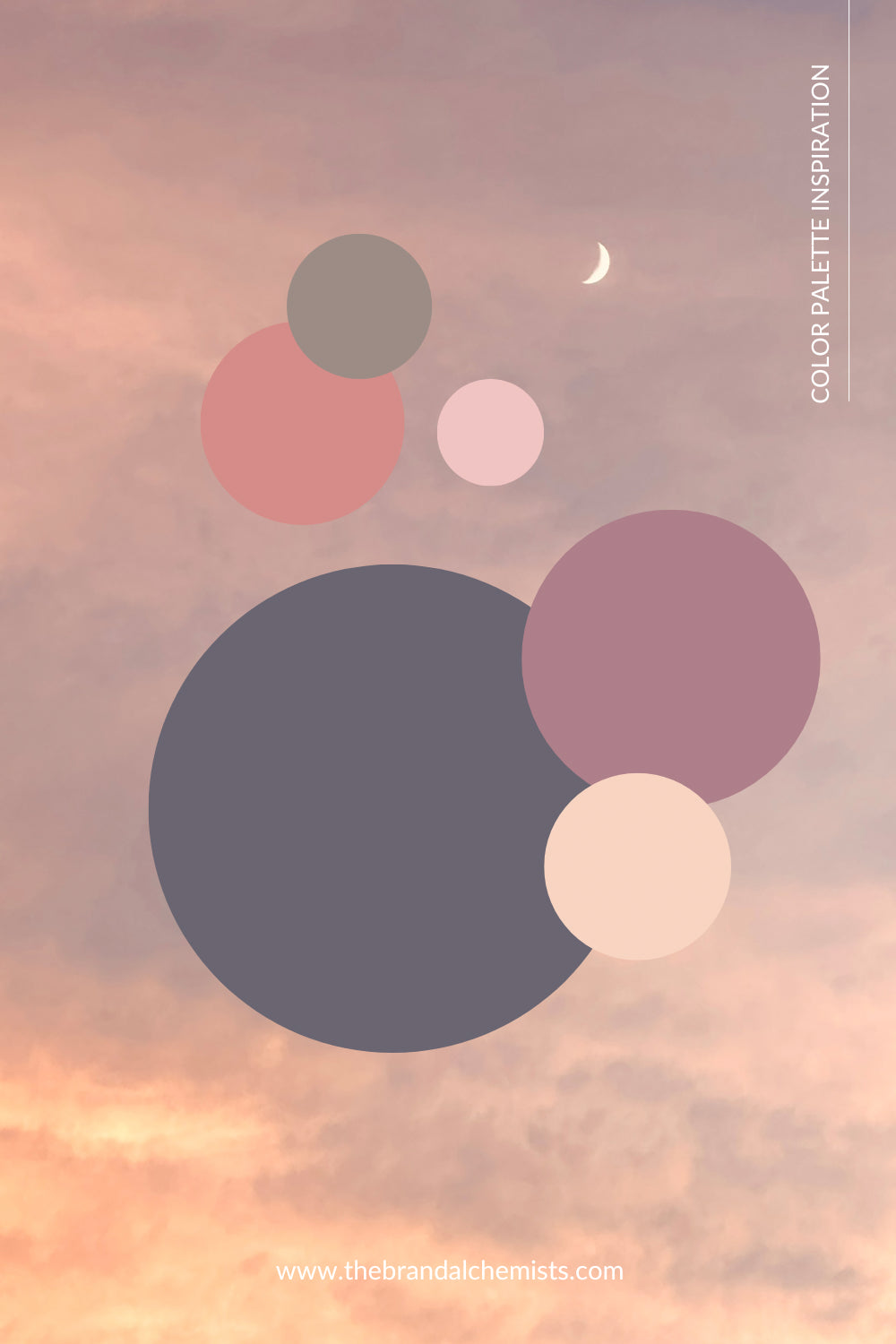 Color swatches layered over a dusky pink sunset sky with a crescent moon, evoking calm, romance, and warm neutrals from the Salty Pink palette.