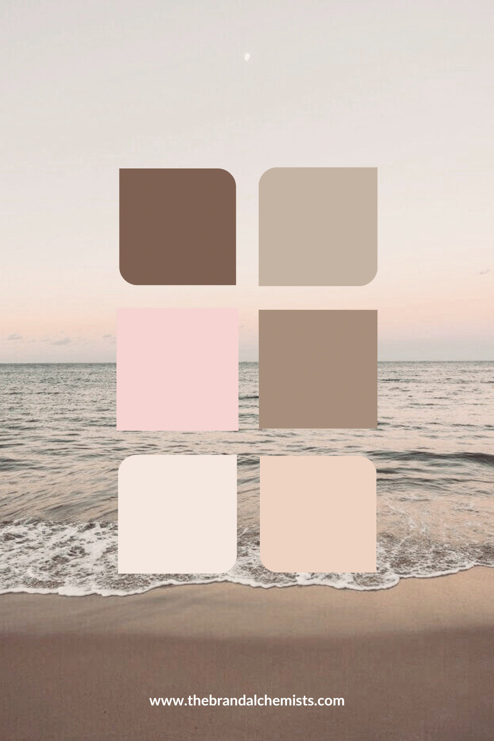 Sandy Neutrals palette displayed over a serene beach scene with soft waves and a pastel sunset, showcasing grounding tones of brown, taupe, blush, and cream for calm, coastal-inspired branding.