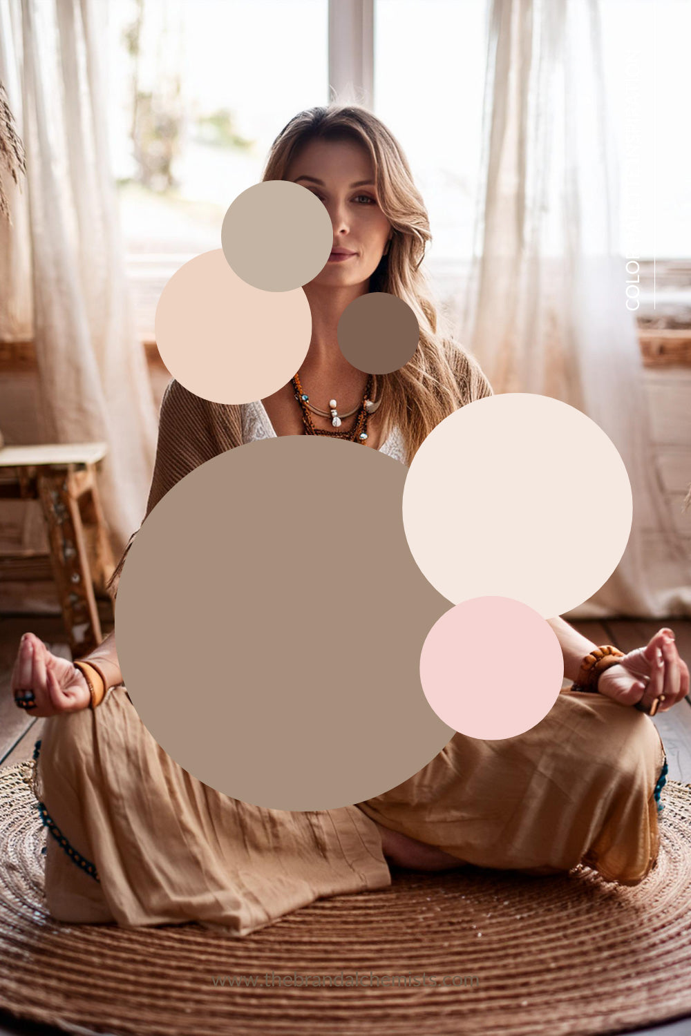 Sandy Neutrals palette overlaid on image of a woman meditating in a softly lit, earthy space, featuring natural tones of mocha, taupe, blush, cream, and peach to reflect calm, soulful brand energy.