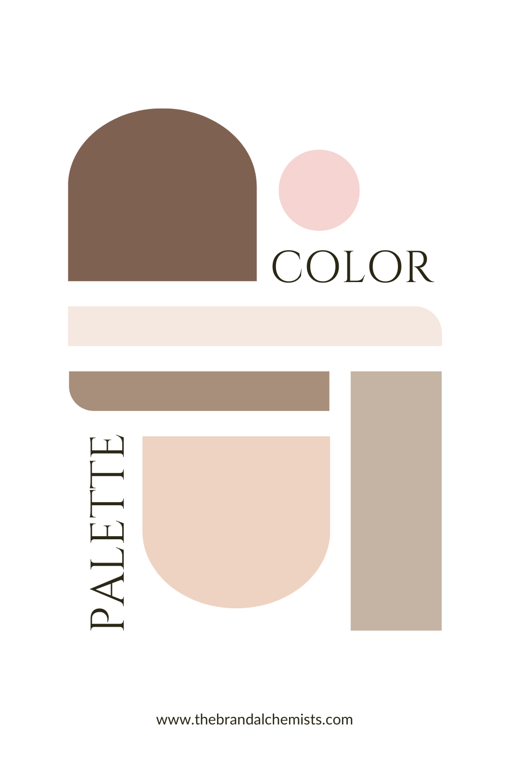 Stylized abstract layout of the Sandy Neutrals palette using modern shapes and text, combining warm blush, clay brown, soft taupe, ivory, and peach for elevated minimalist branding.