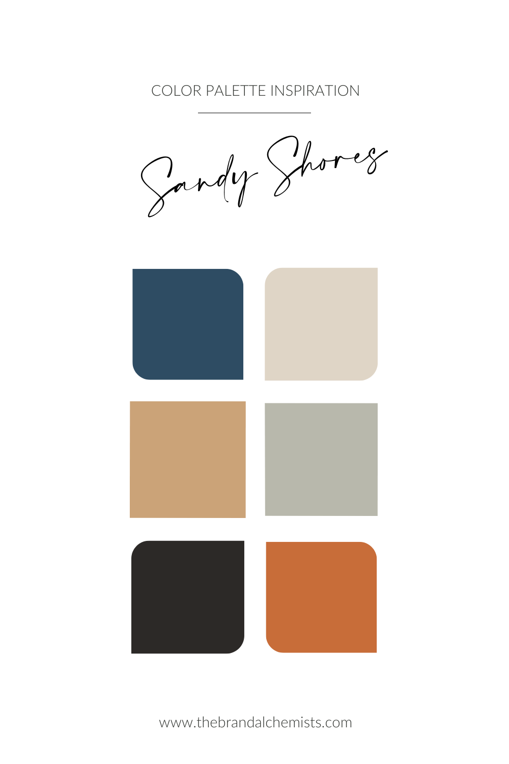 Sandy Shores color palette featuring coastal navy, warm sandstone, beach grass green, soft clay, terracotta orange, and driftwood black tones for a grounded, sunset-inspired aesthetic.