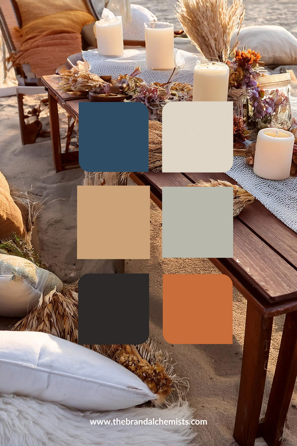 Beach picnic scene with Sandy Shores color swatches overlayed, showcasing earthy tones of terracotta, sandstone, driftwood, and ocean blue for a natural coastal brand vibe.