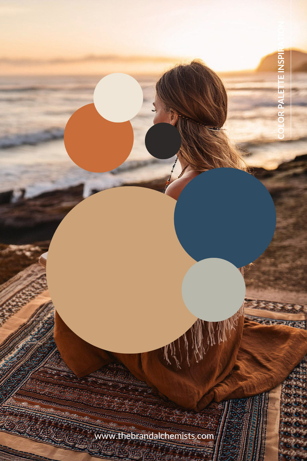 Woman meditating at sunset by the beach with Sandy Shores color palette overlayed, highlighting earthy oranges, soft neutrals, deep navy, and beach grass green for a serene boho vibe.