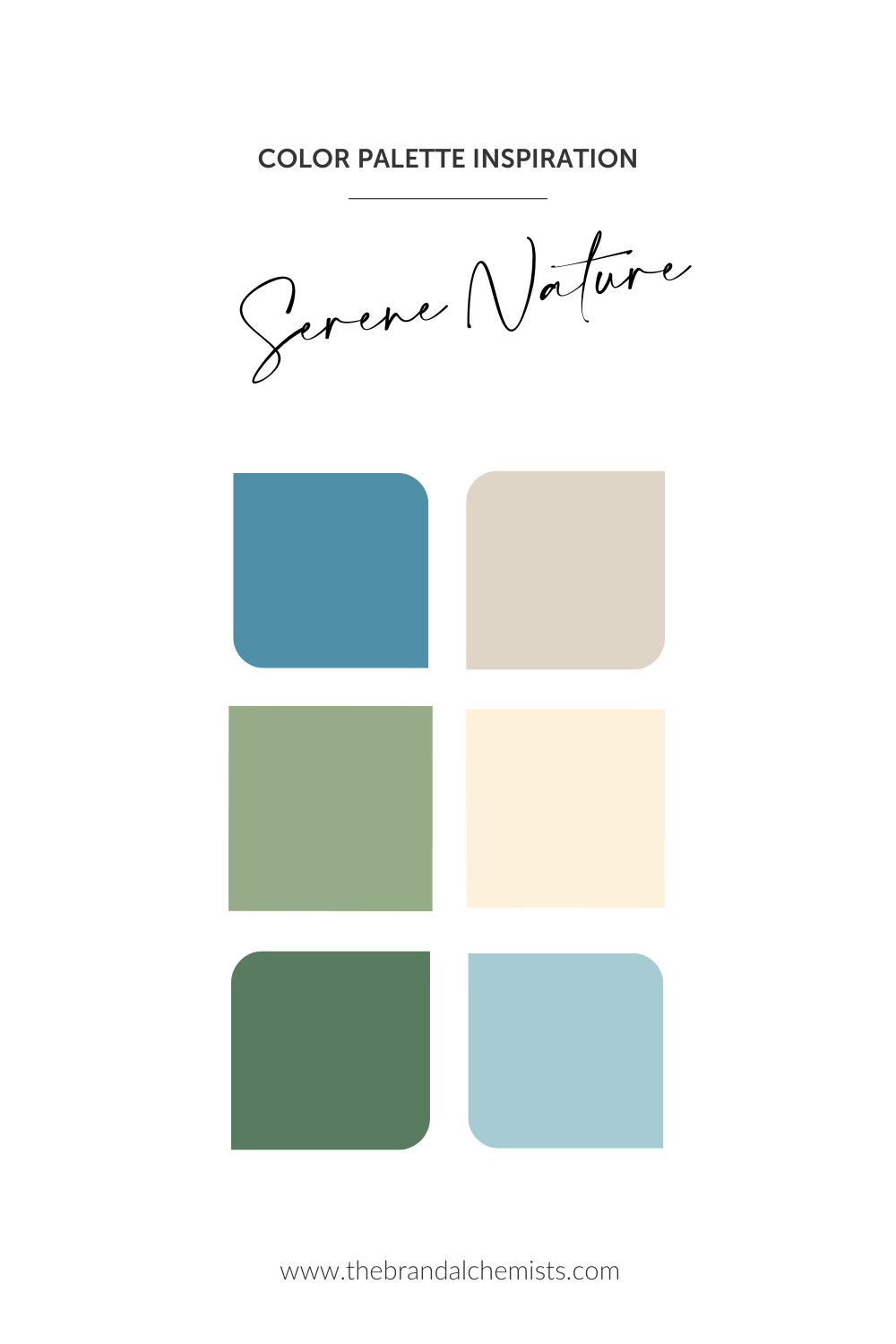 Serene Nature color palette featuring six tranquil shades of green, blue, and cream for earthy, peaceful branding.