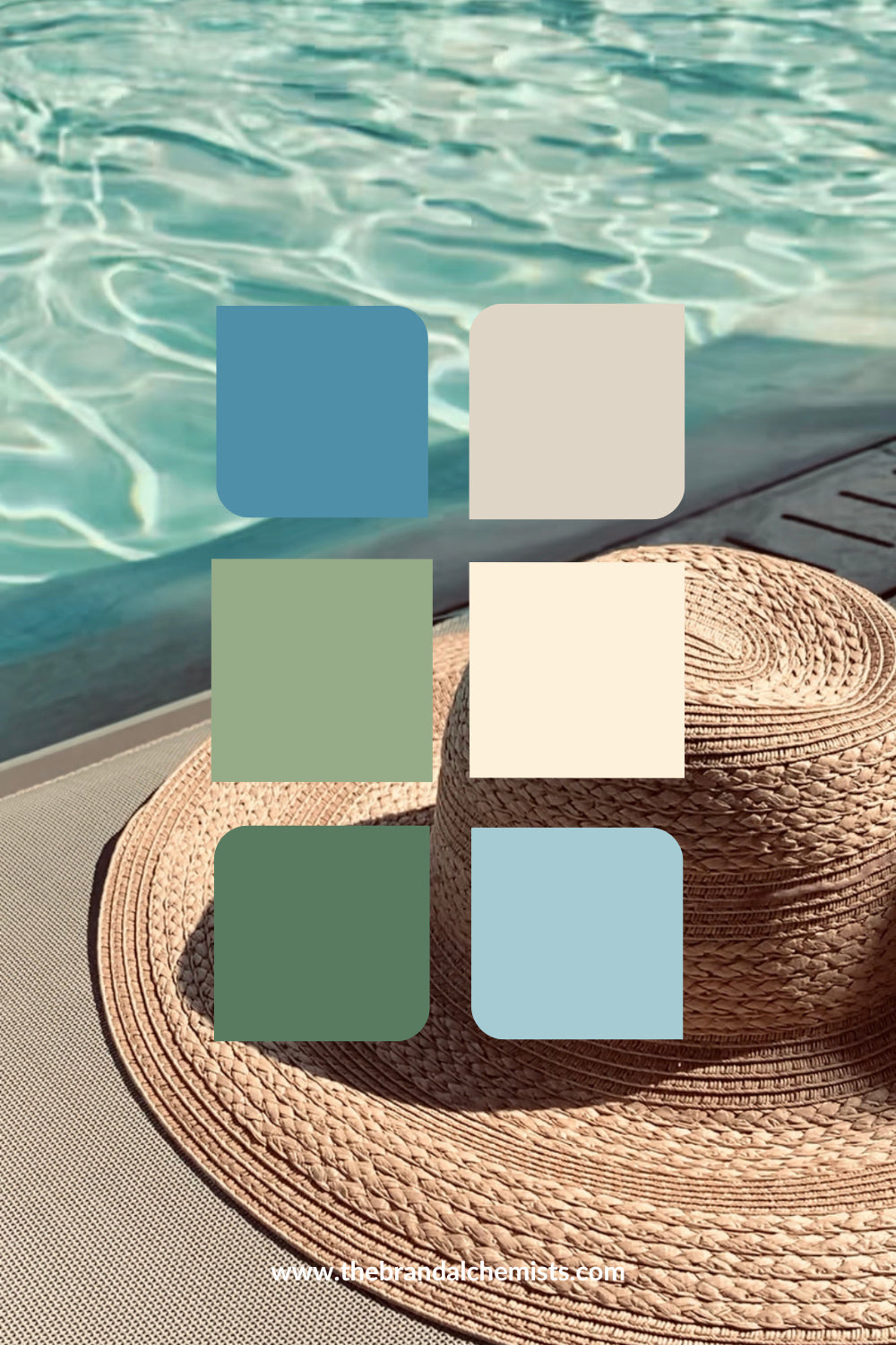 Serene Nature color palette overlayed on a poolside scene with a woven sun hat and rippling water, evoking calm and natural simplicity.