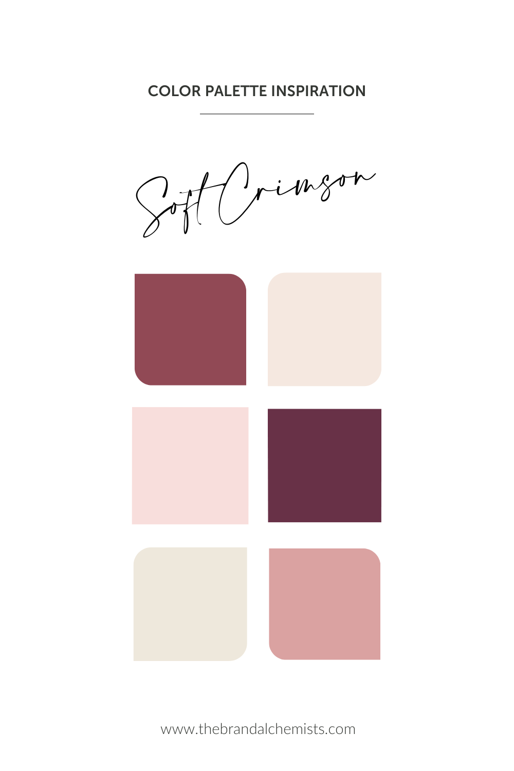 Soft Crimson color palette featuring six romantic shades of blush, burgundy, and ivory for a soft feminine brand aesthetic.