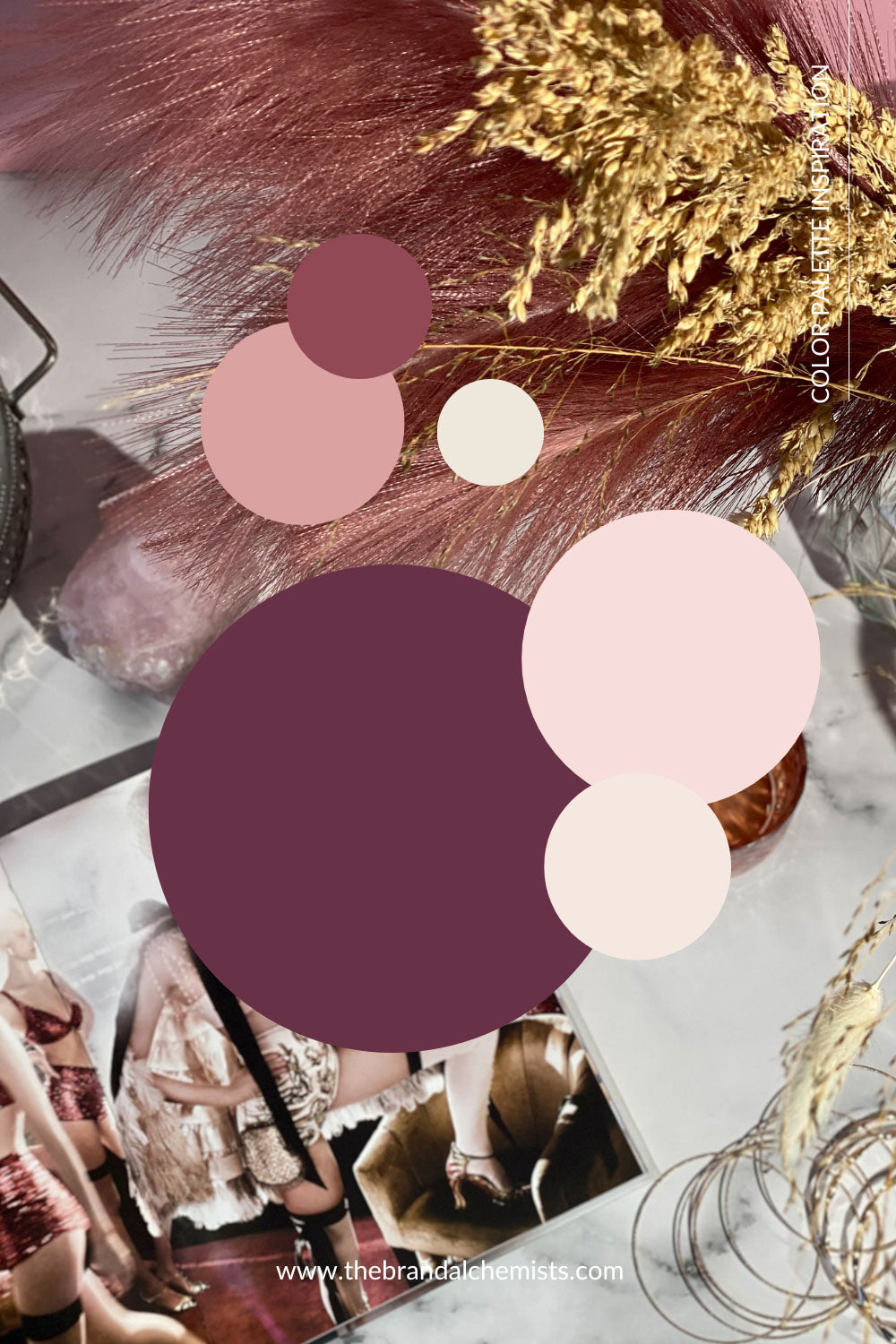 Soft Crimson circular palette overlaid on an editorial-inspired flat lay with fashion and dried florals, blending vintage and sensual energy.