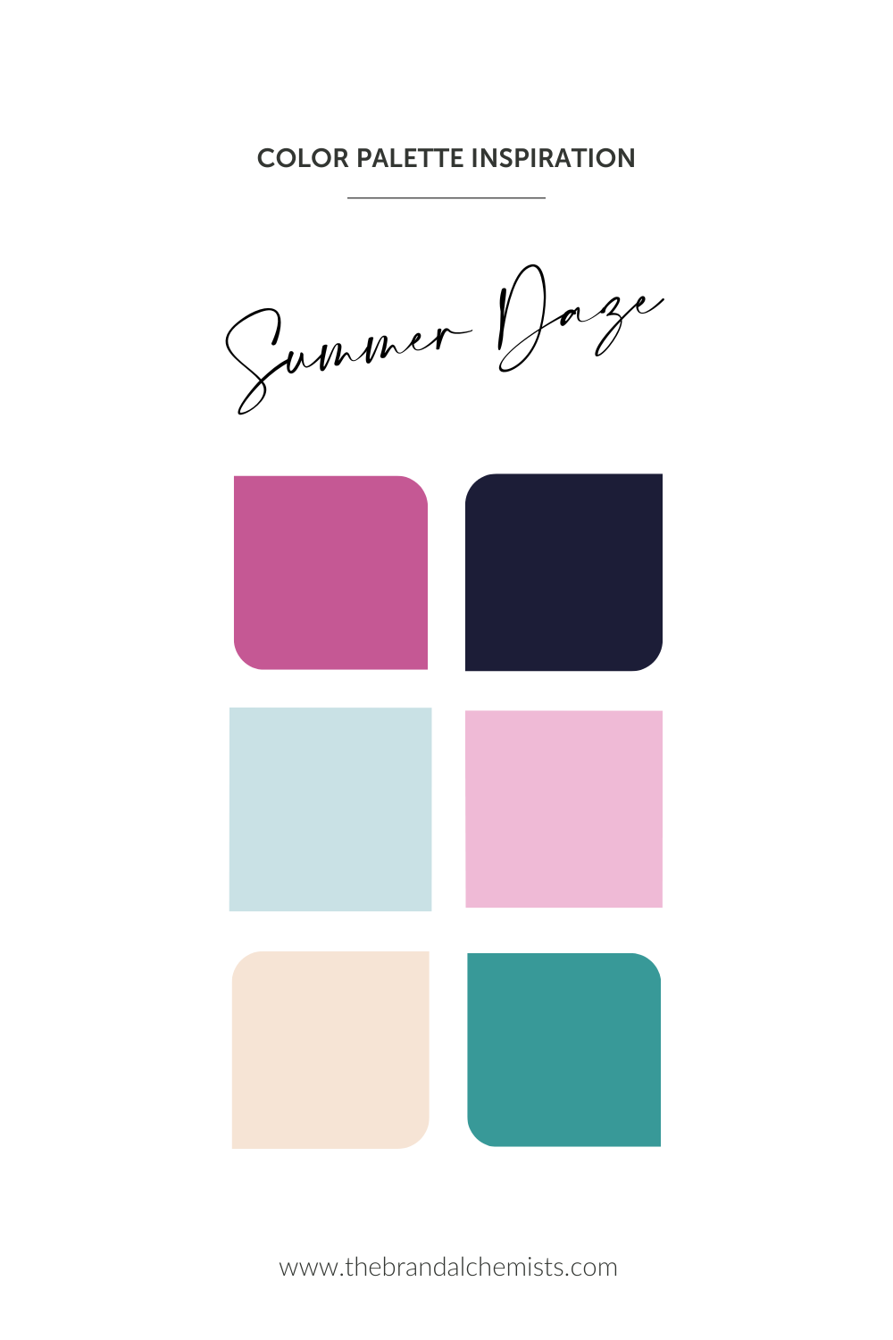Summer Daze color palette featuring tropical hues of magenta pink, inky navy, blush, soft aqua, teal green, and pale peach — ideal for vibrant, summer-inspired branding.
