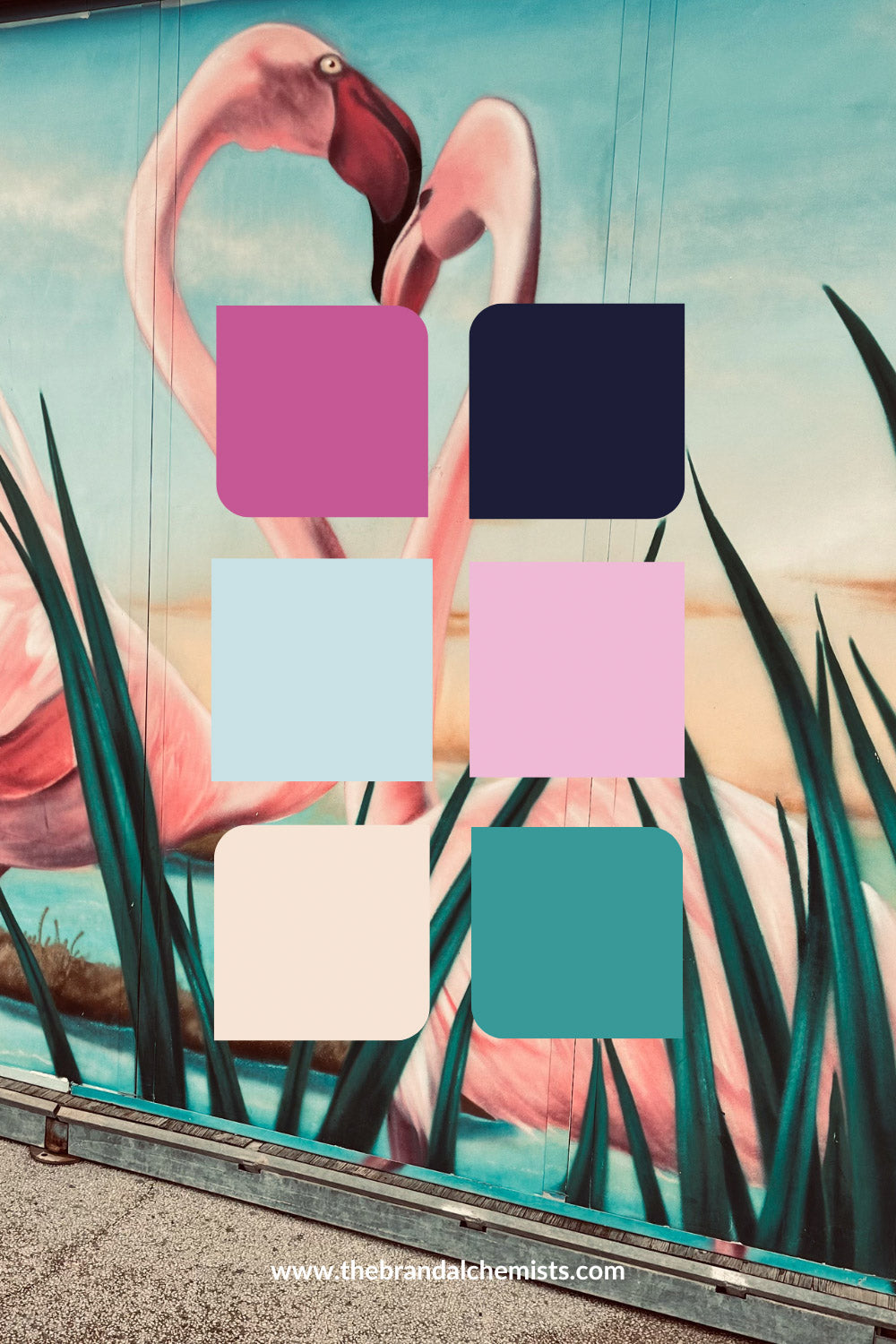 Color palette overlay on a tropical flamingo mural, showcasing bold pink, midnight blue, aqua, soft blush, sandy peach, and turquoise — perfect for bright, playful visual storytelling.