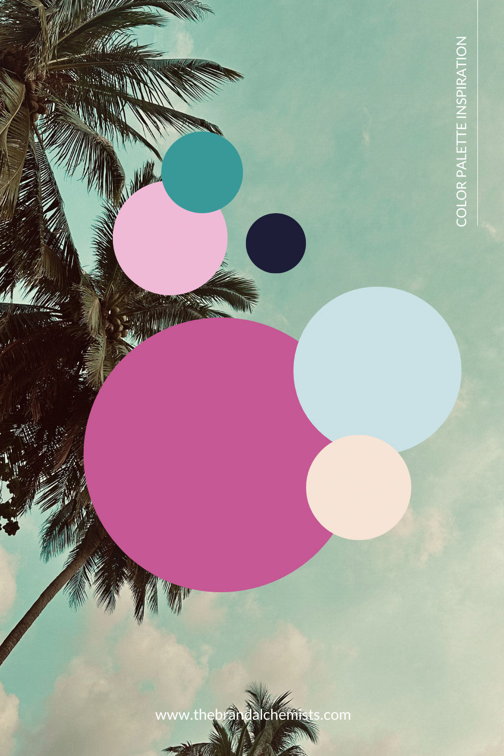 Summer Daze palette bubbles layered over a photo of palm trees against a dreamy aqua sky — a lively, tropical blend of bold pinks, deep navy, soft peach, and teal.