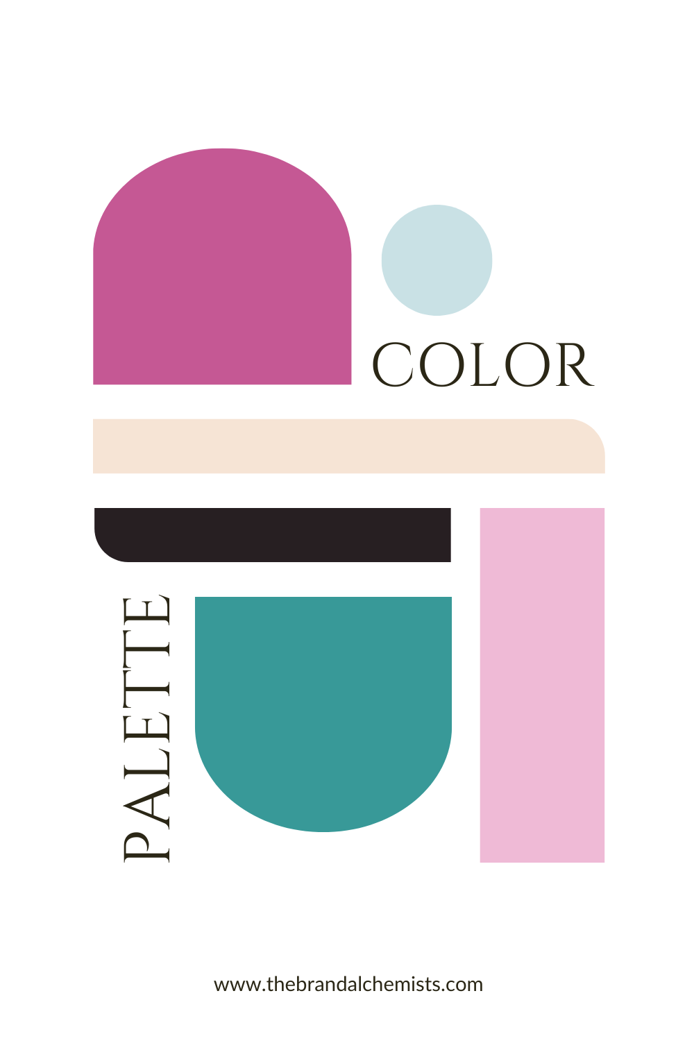 Graphic layout of the Summer Daze palette in modern, geometric shapes — combining punchy magenta, light blush, teal green, navy, aqua blue, and soft nude for vibrant branding.